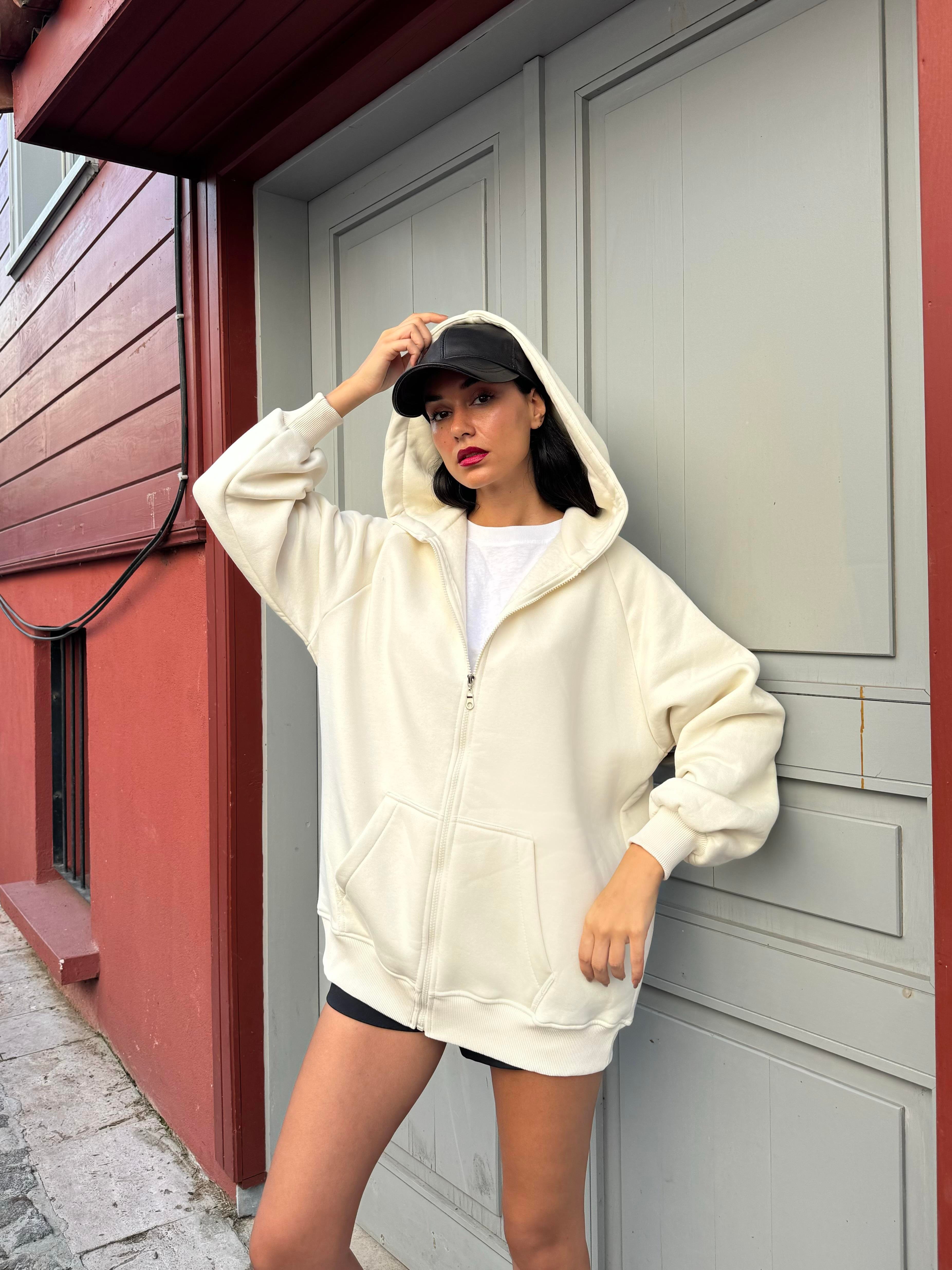 Ekru Fermuarlı Kapüşonlu Unisex Şardonlu Oversize Sweatshirt 28217