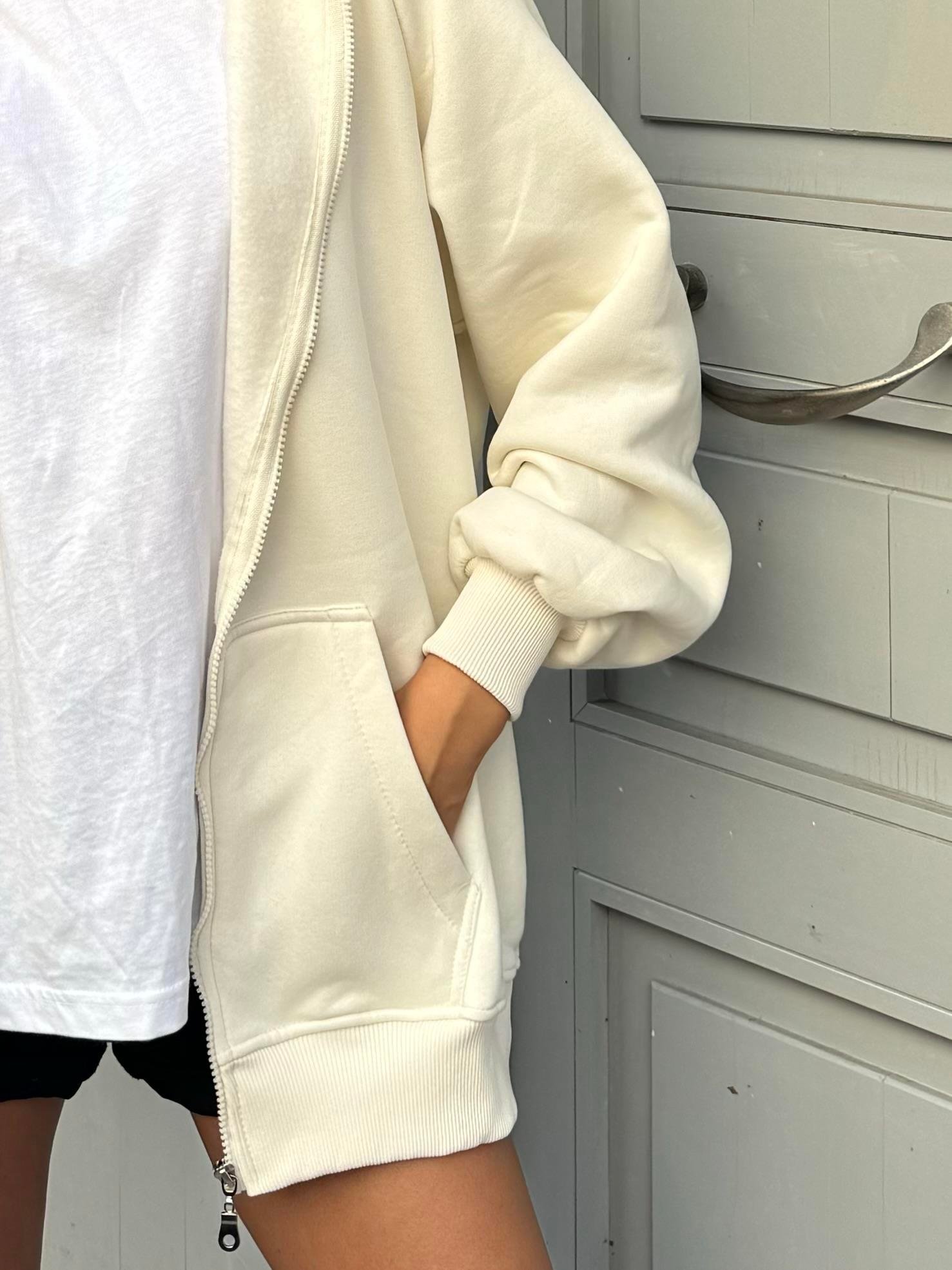 Ekru Fermuarlı Kapüşonlu Unisex Şardonlu Oversize Sweatshirt 28217