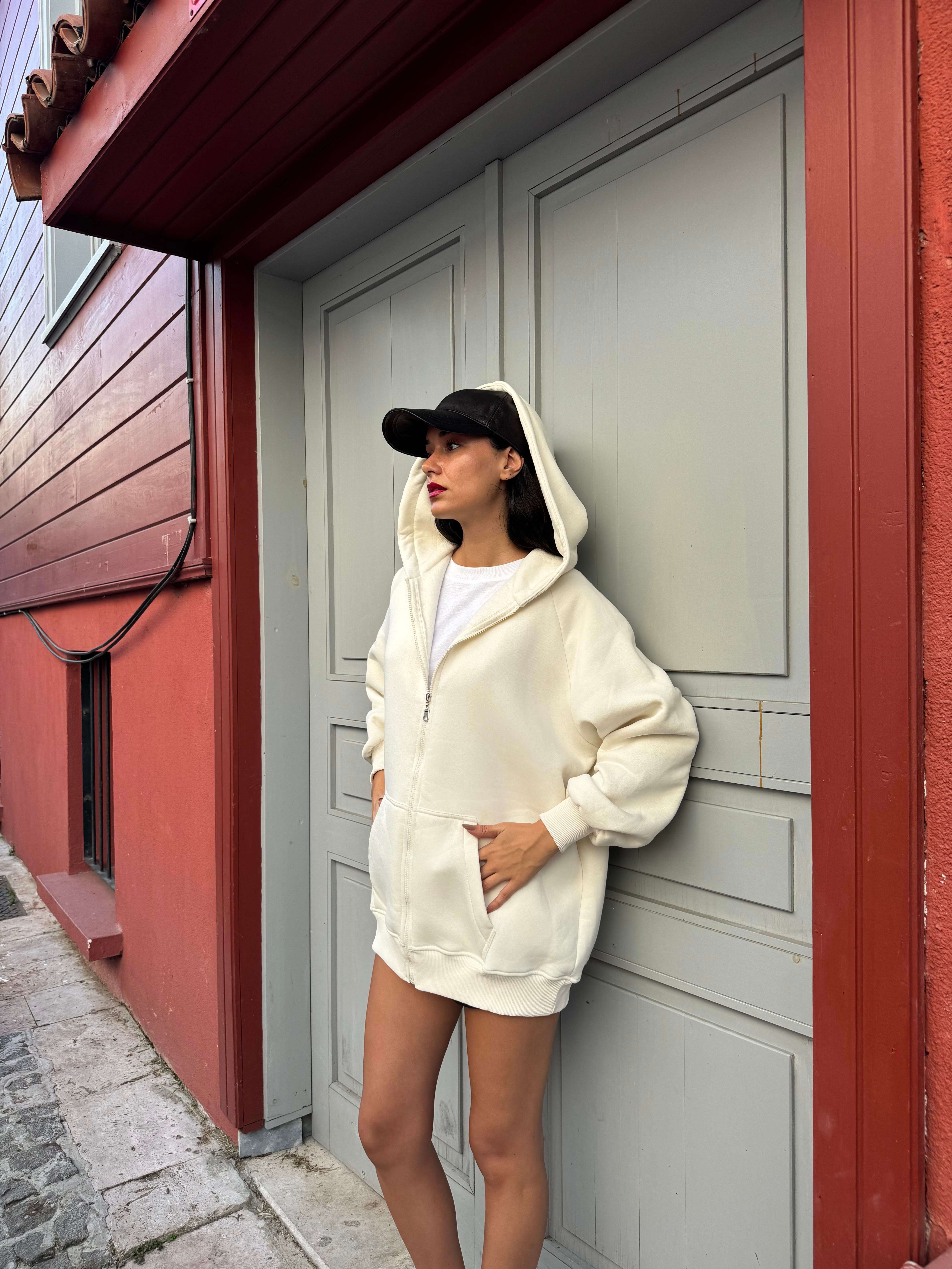 Ekru Fermuarlı Kapüşonlu Unisex Şardonlu Oversize Sweatshirt 28217
