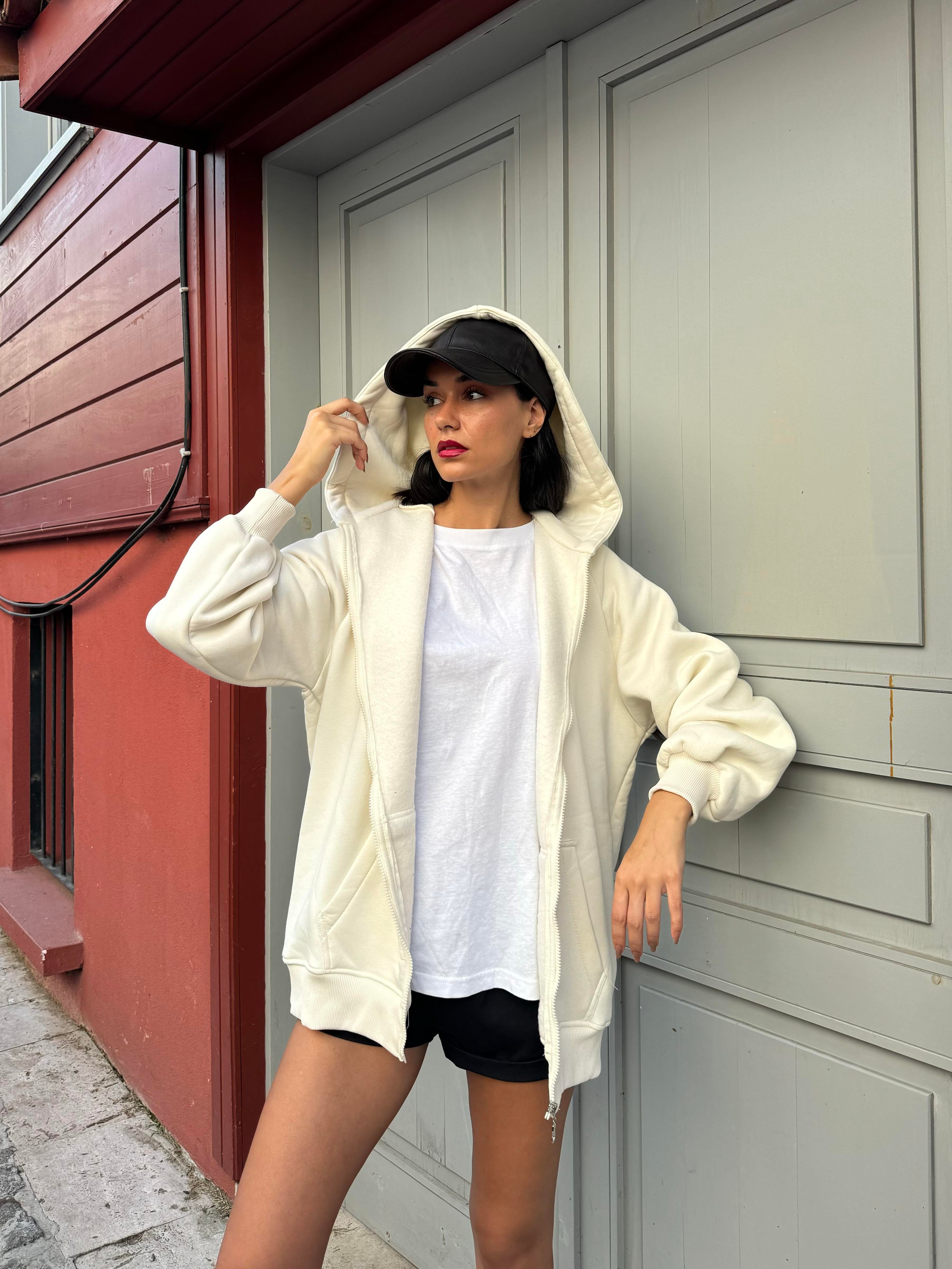 Ekru Fermuarlı Kapüşonlu Unisex Şardonlu Oversize Sweatshirt 28217