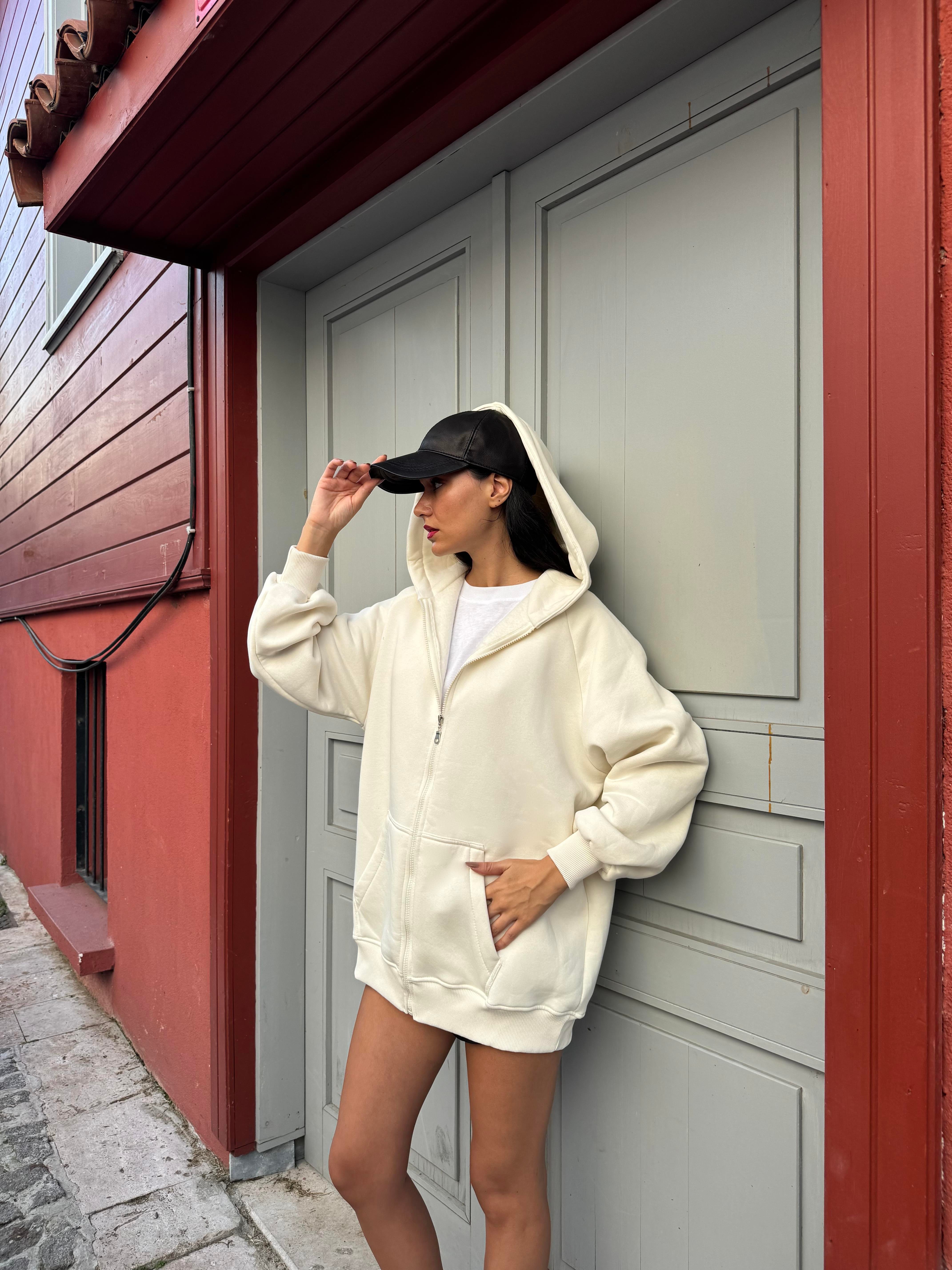Ekru Fermuarlı Kapüşonlu Unisex Şardonlu Oversize Sweatshirt 28217