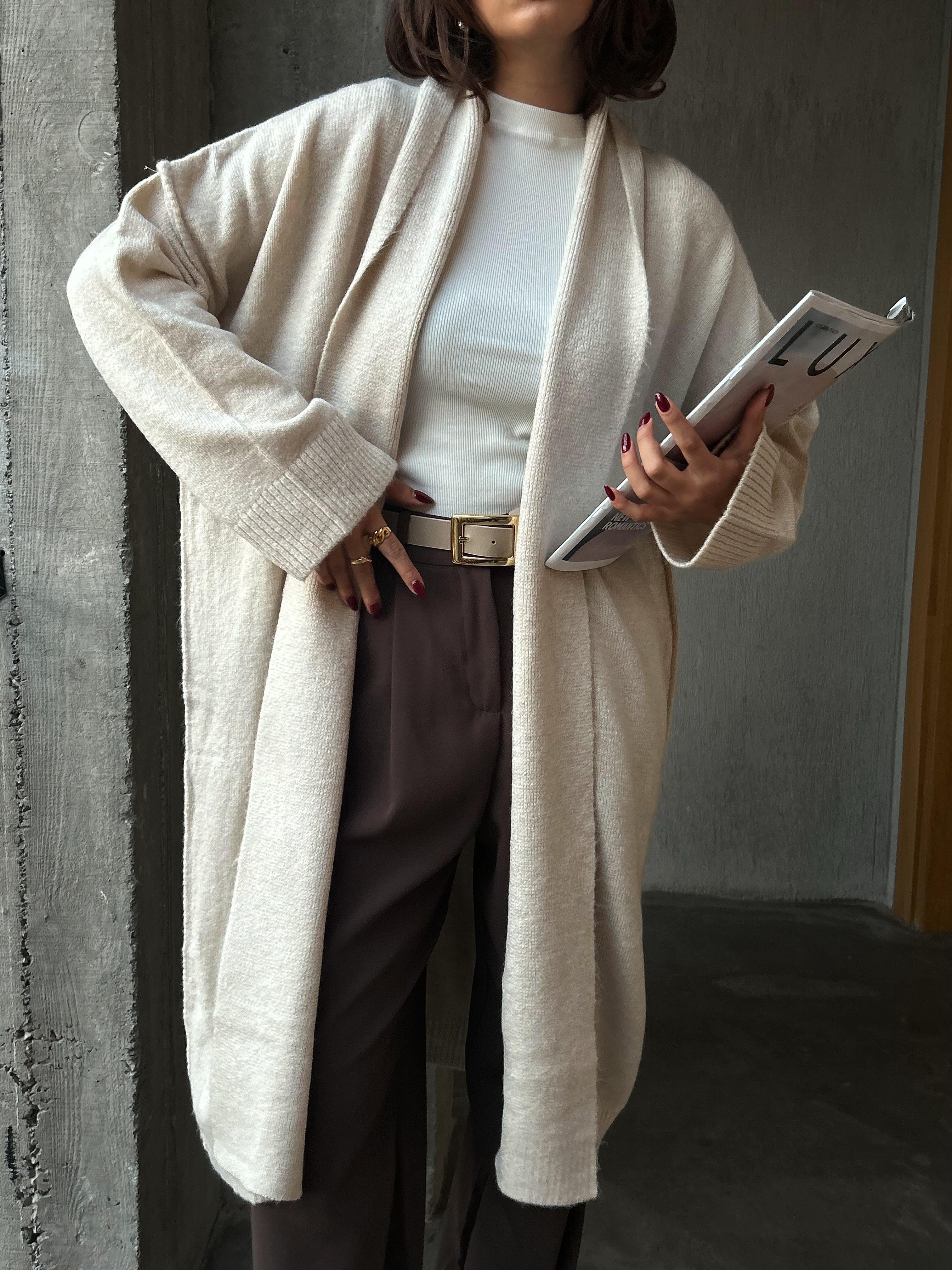 Ekru Pis Dikiş Detaylı Uzun Oversize Yumoş Triko Hırka 26257