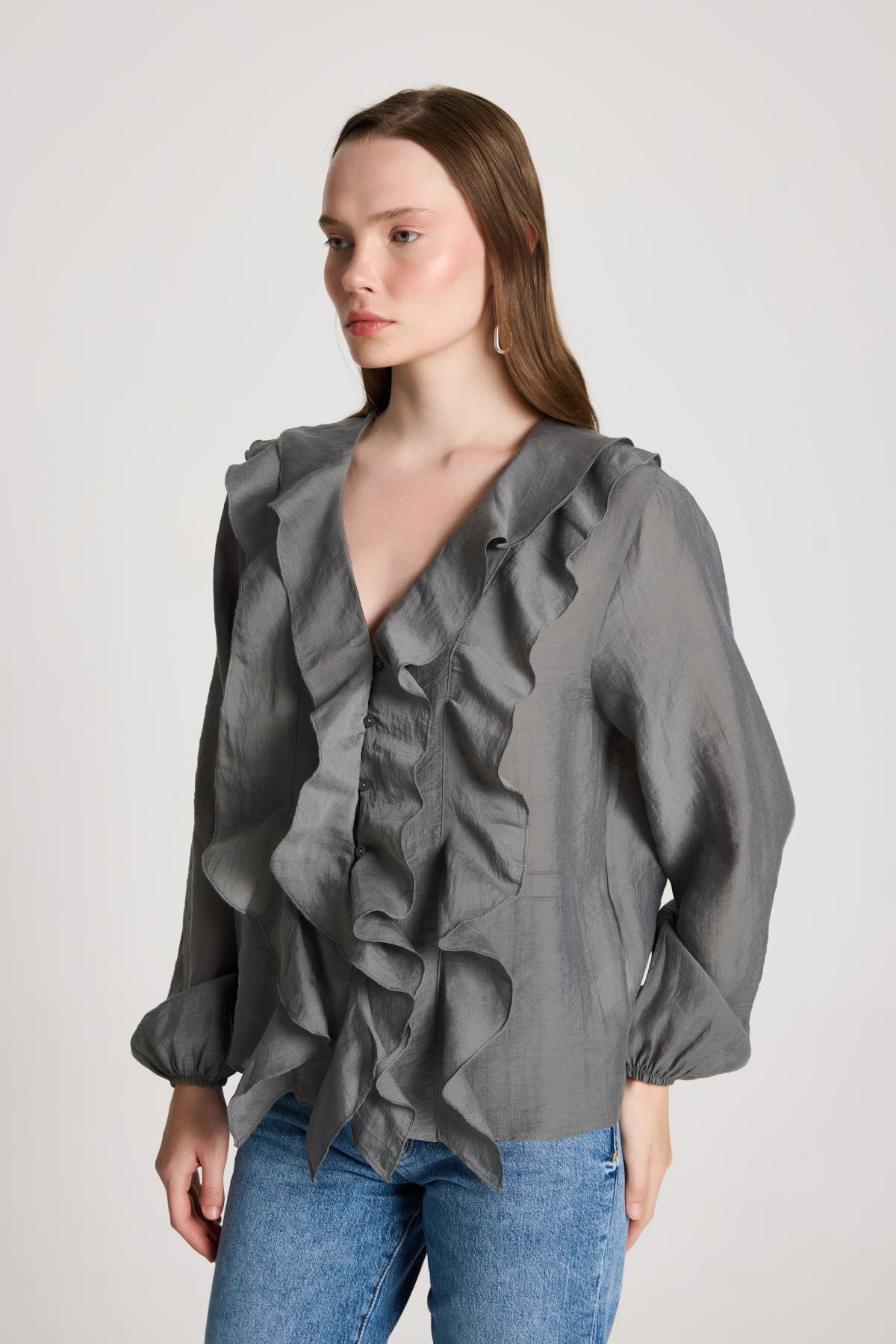 Esmee Fırfırlı Bluz Antrasit