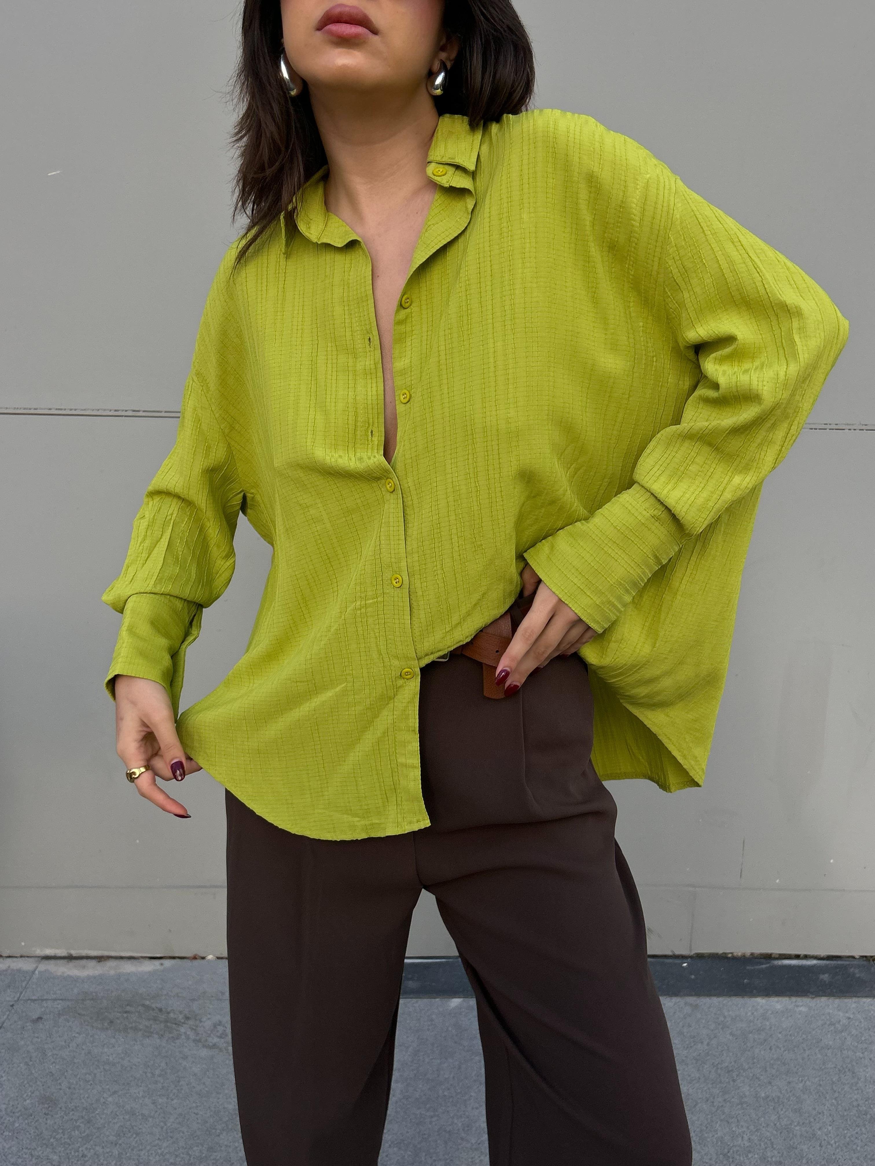 Fıstık Yeşili Oversize Geniş Manşetli Kadın Gömlek 27384