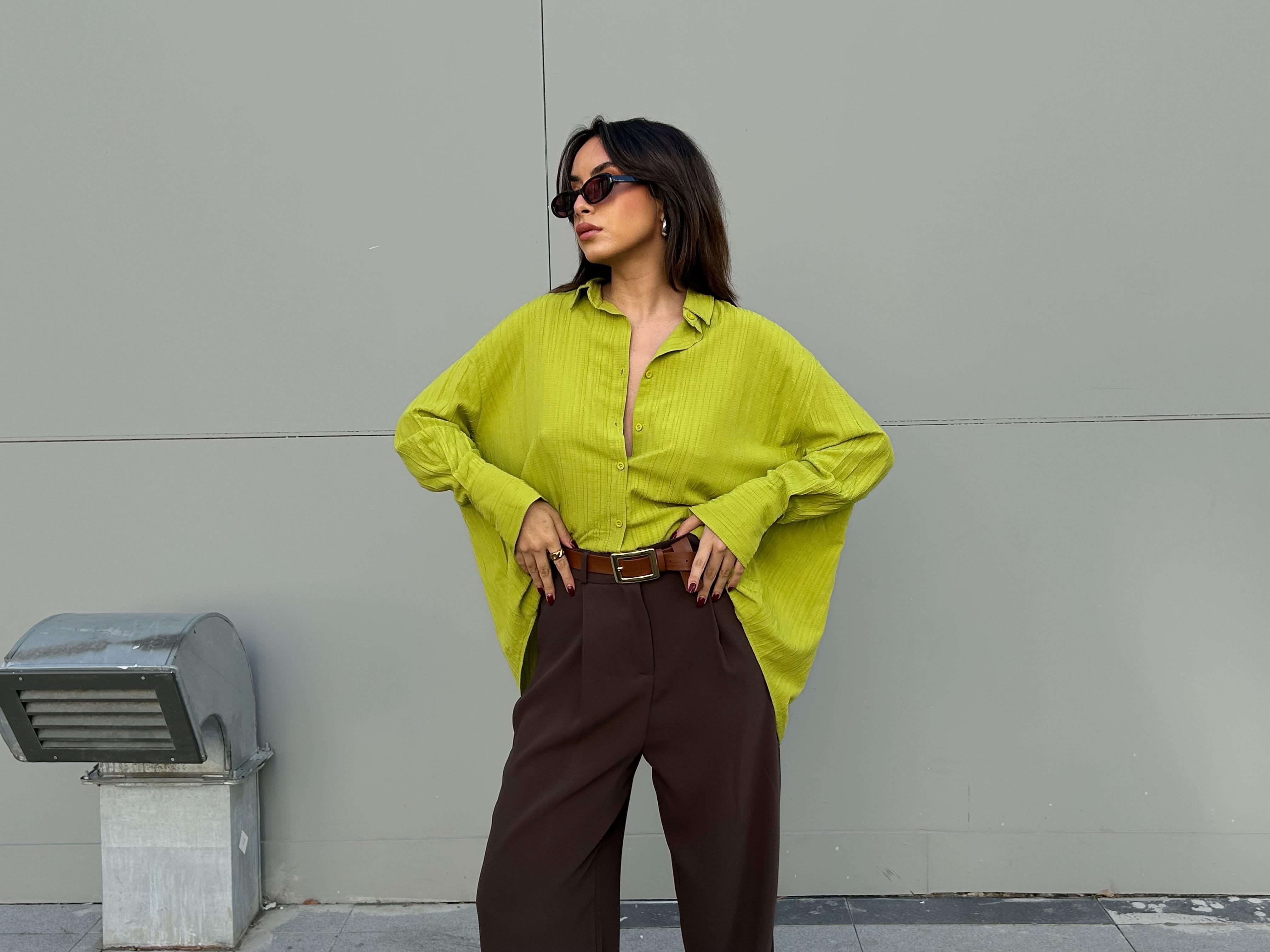 Fıstık Yeşili Oversize Geniş Manşetli Kadın Gömlek 27384