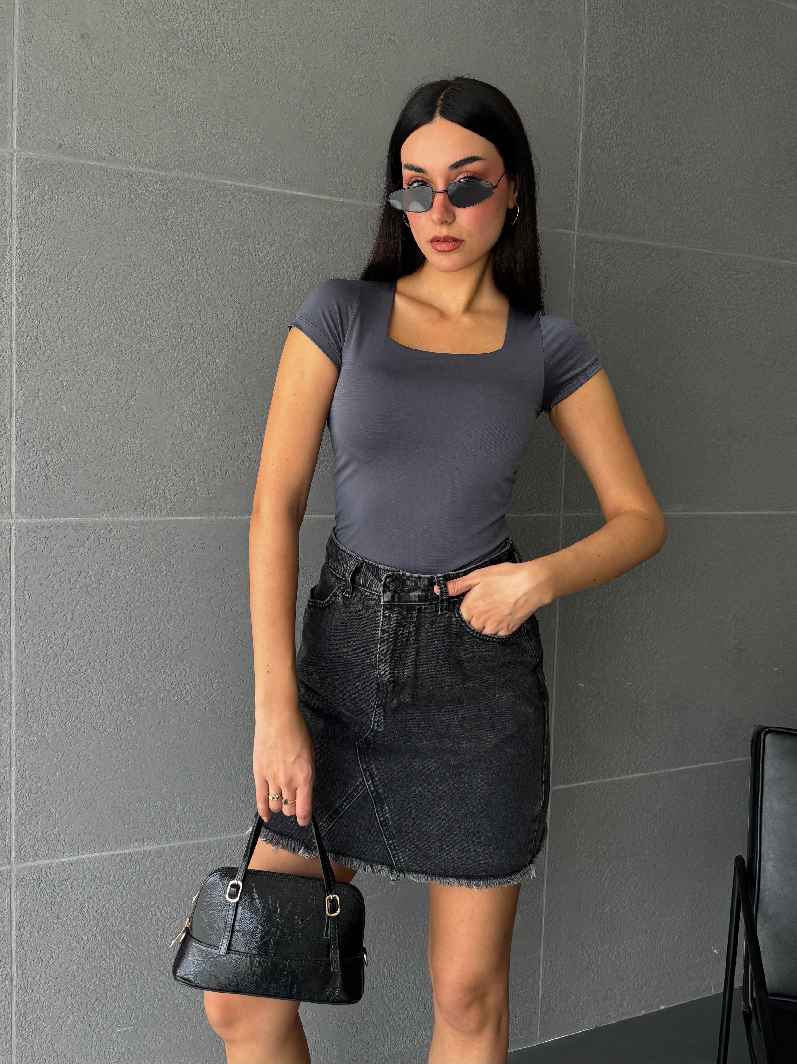 Füme Kare Yaka Kısa Kollu Slimfit Basic Body 27174