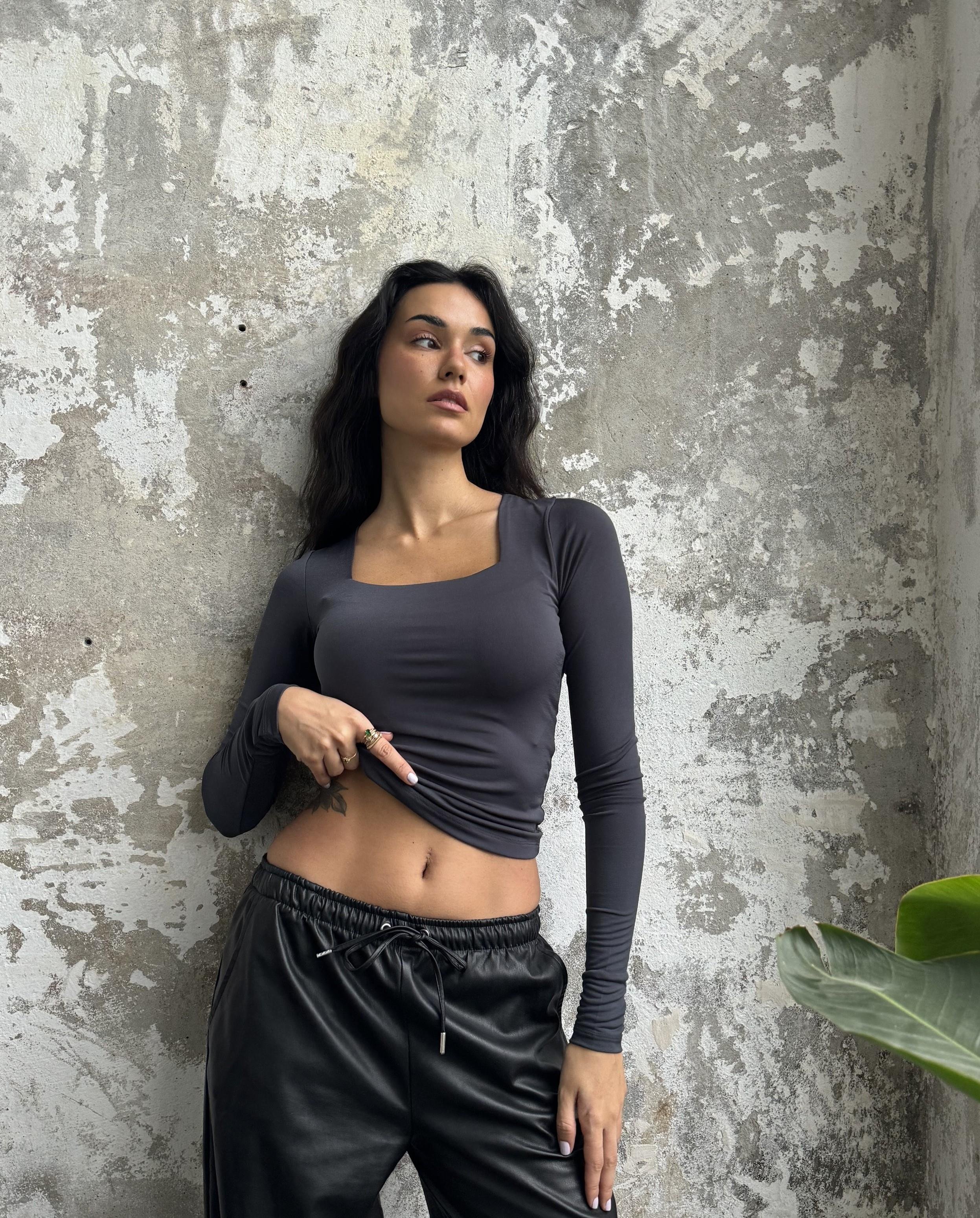 Füme Kare Yaka Uzun Kollu Slimfit Basic Body 27053