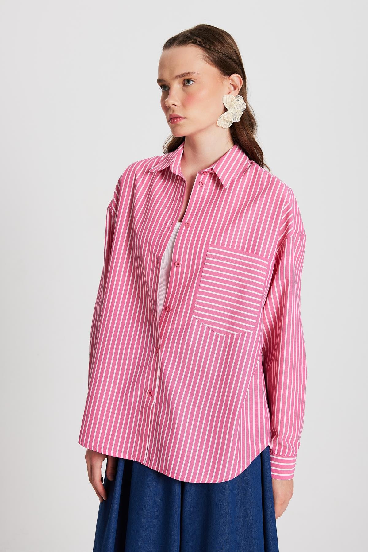 Fuşya Beyaz Çizgili Oversize Cepli Gömlek 27135