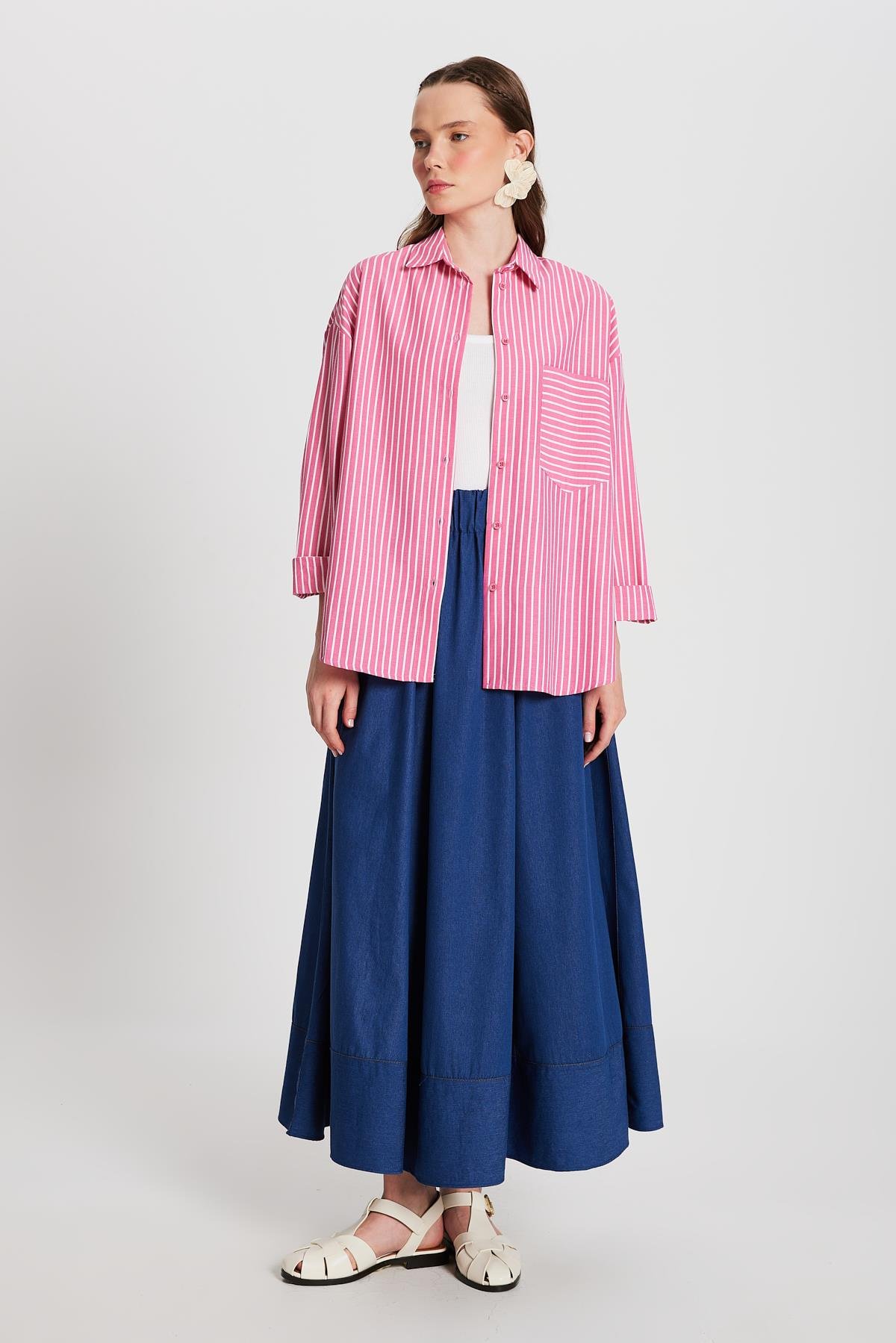 Fuşya Beyaz Çizgili Oversize Cepli Gömlek 27135