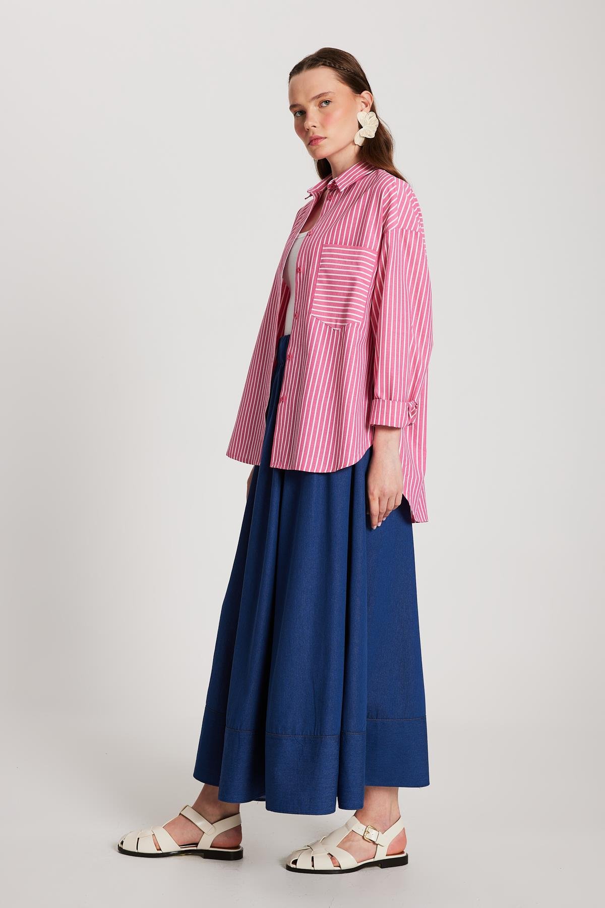 Fuşya Beyaz Çizgili Oversize Cepli Gömlek 27135