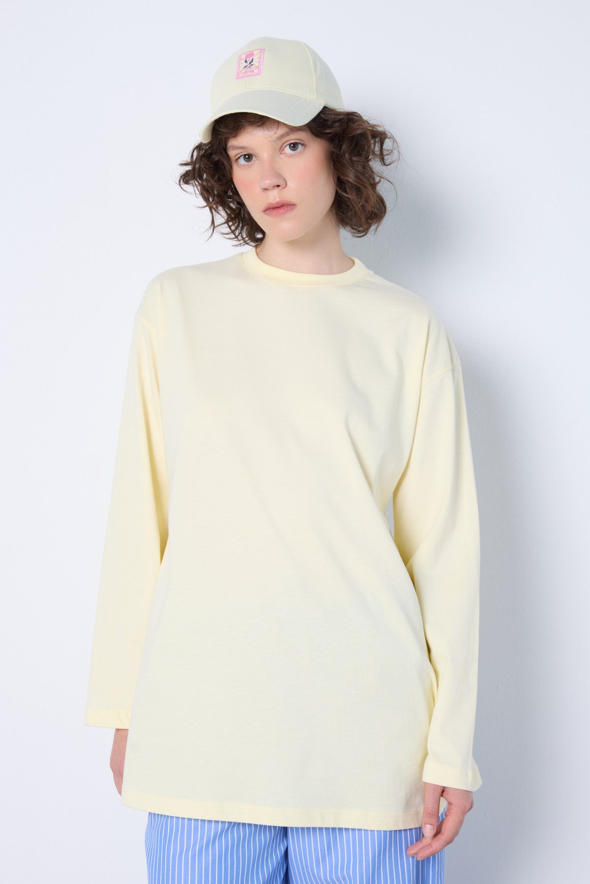 Geniş Kol Oversize Basic T-shirt Sarı