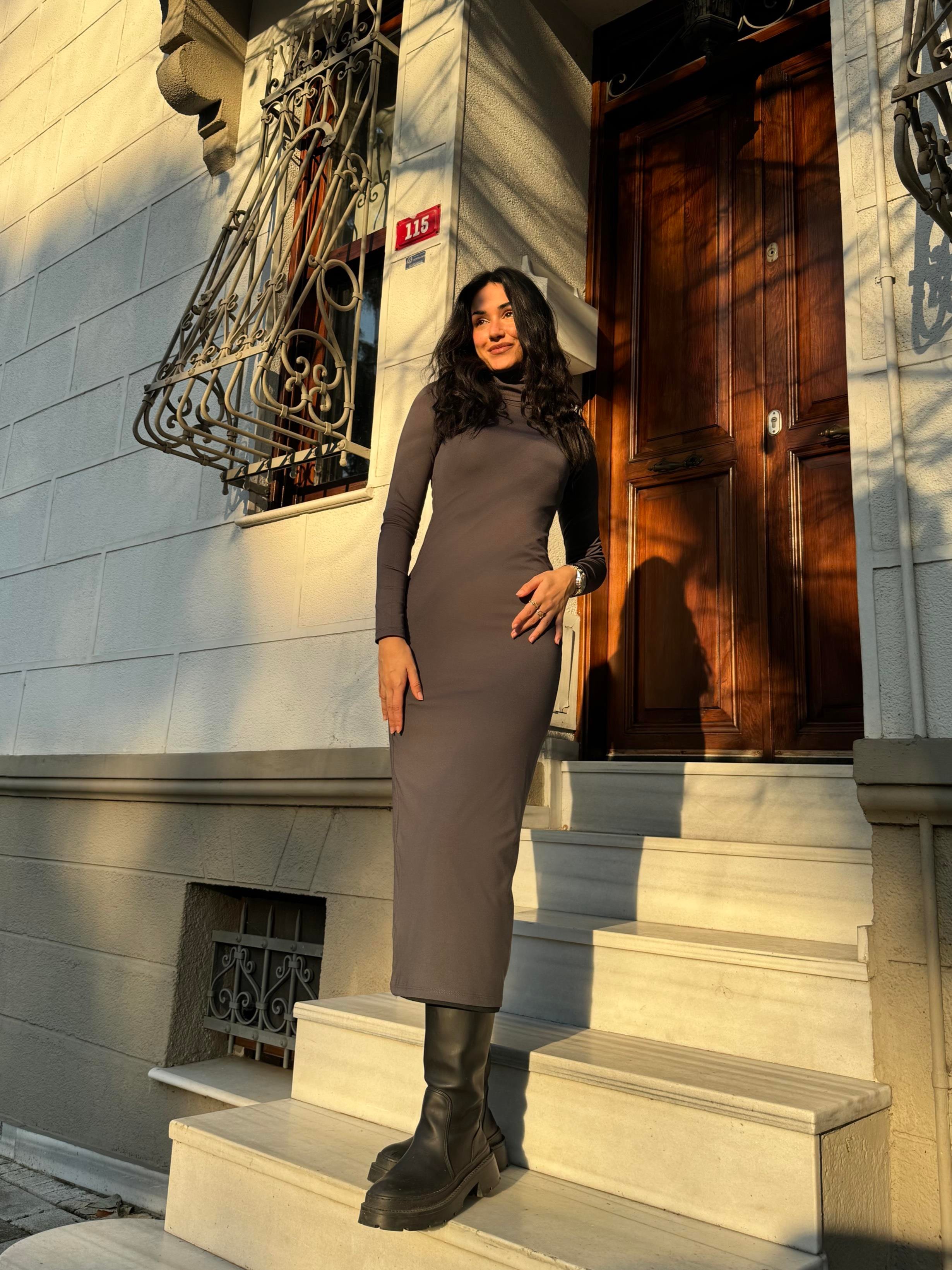 Gri Balıkçı Yaka Fitted/vücuda Oturan Uzun Kollu Uzun Elbise 26283