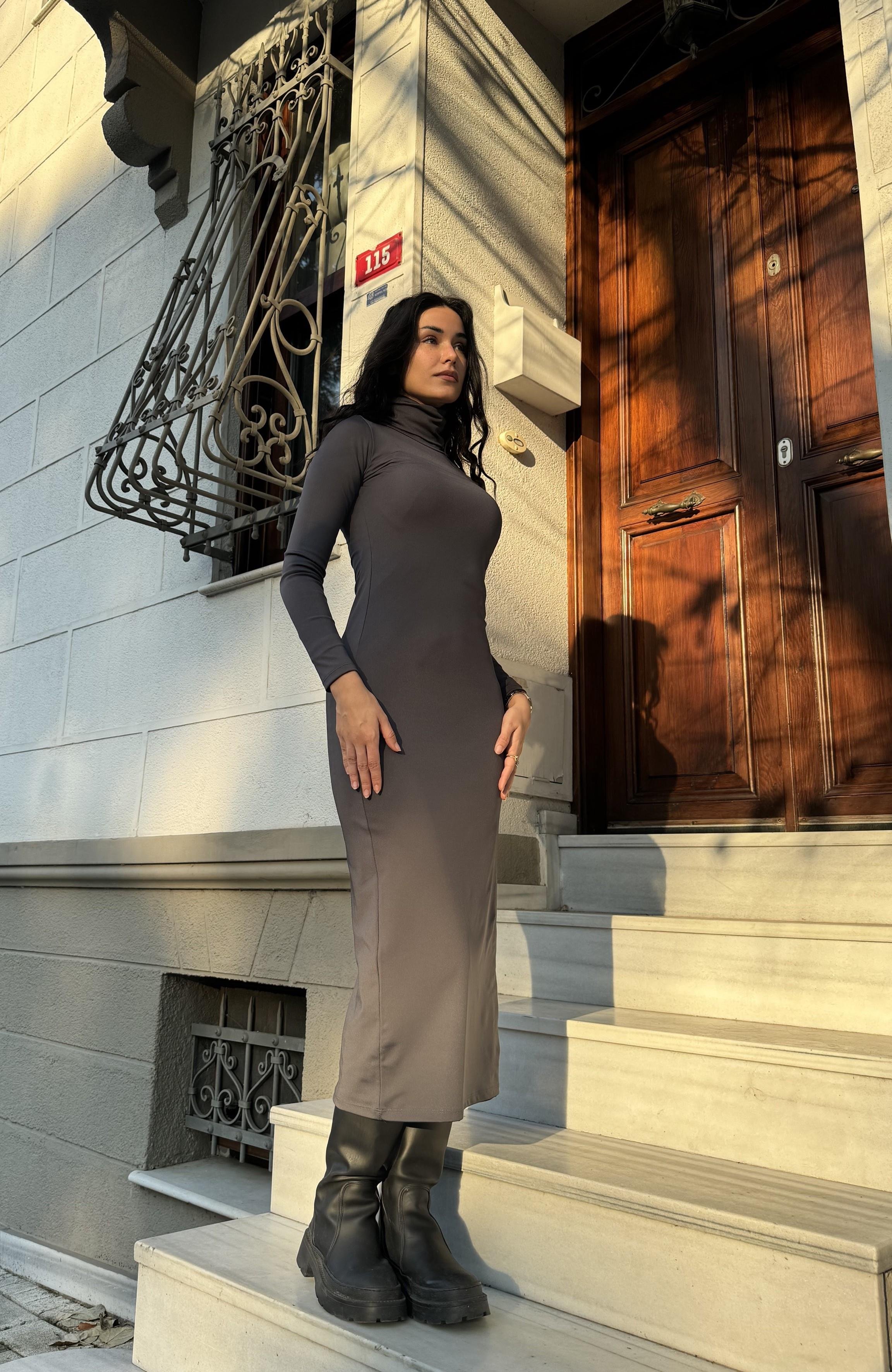 Gri Balıkçı Yaka Fitted/vücuda Oturan Uzun Kollu Uzun Elbise 26283