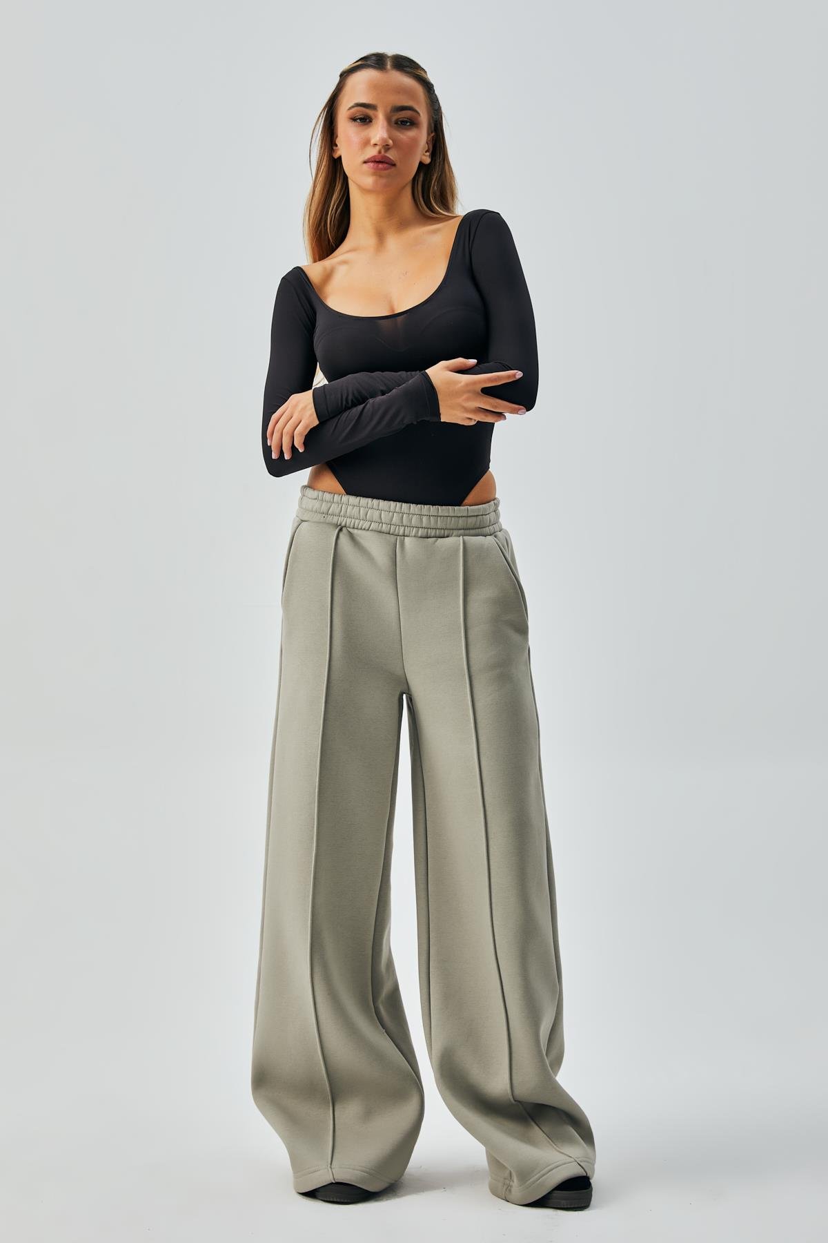 Gri Geniş Kesim Beli Lastikli Şardonlu Eşortman Altı 