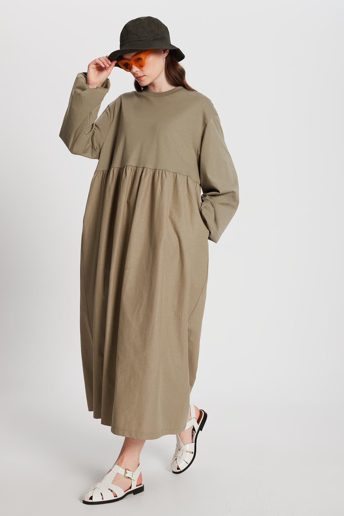 Haki Üstü Penye Altı Dokuma Oversize Uzun Kollu Uzun Elbise 28169