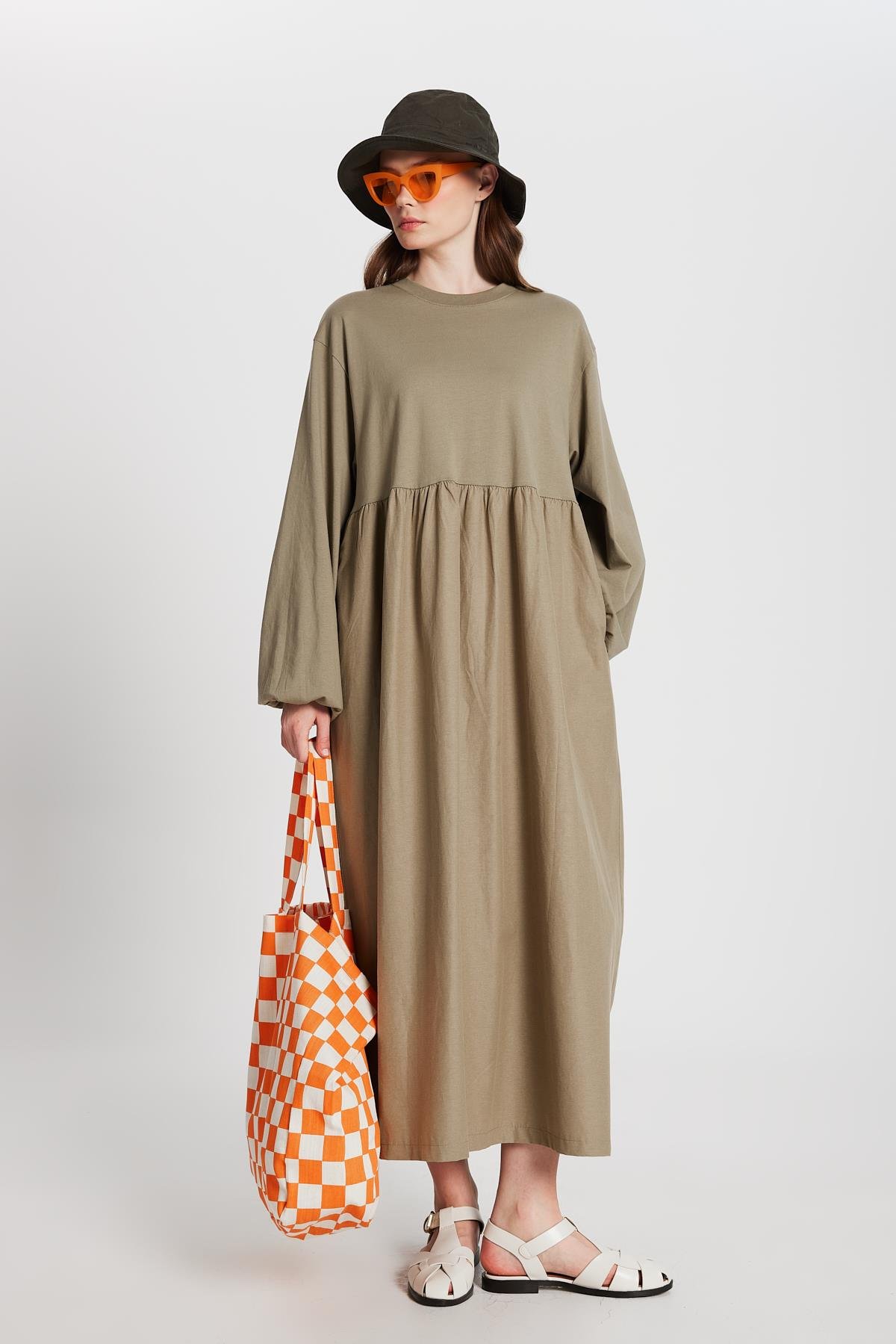 Haki Üstü Penye Altı Dokuma Oversize Uzun Kollu Uzun Elbise 28169