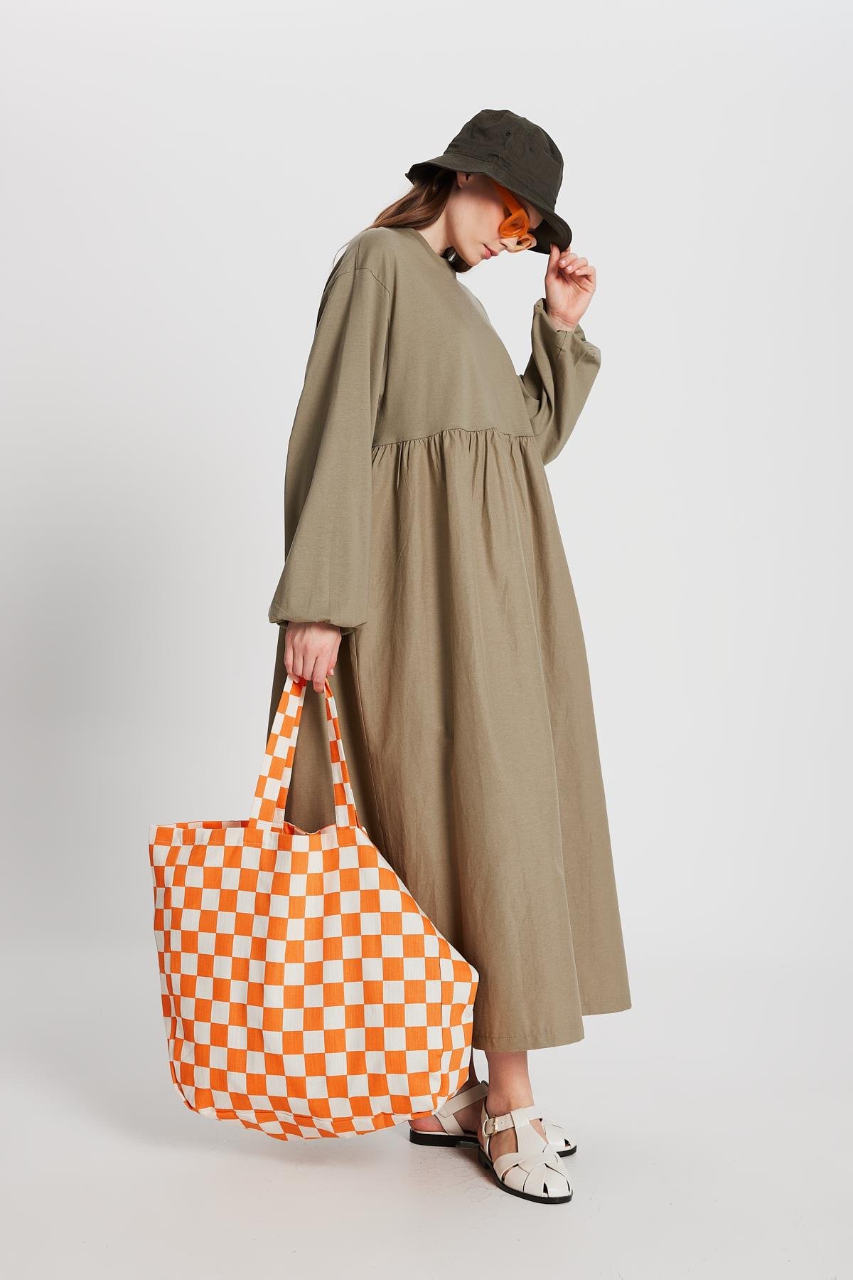 Haki Üstü Penye Altı Dokuma Oversize Uzun Kollu Uzun Elbise 28169