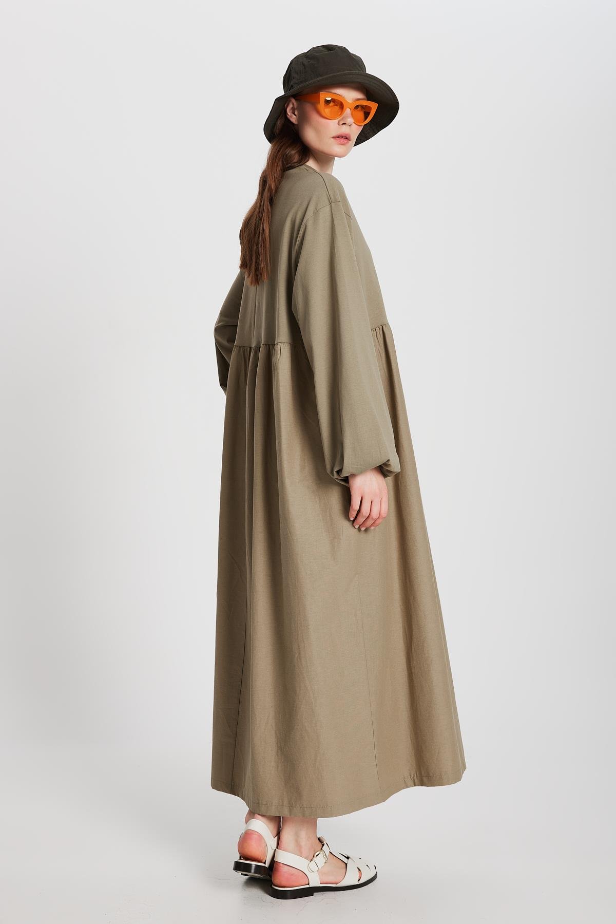 Haki Üstü Penye Altı Dokuma Oversize Uzun Kollu Uzun Elbise 28169