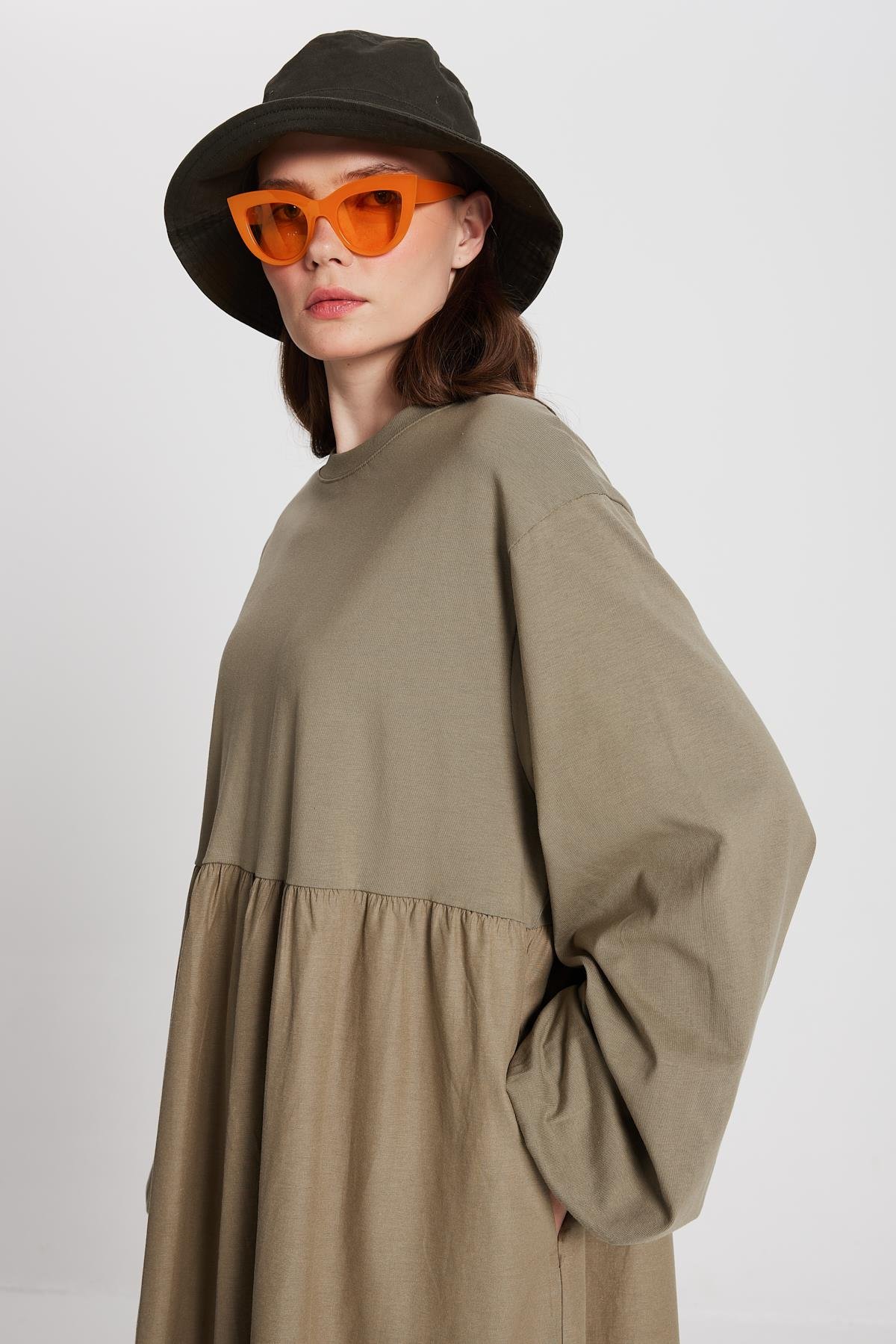 Haki Üstü Penye Altı Dokuma Oversize Uzun Kollu Uzun Elbise 28169