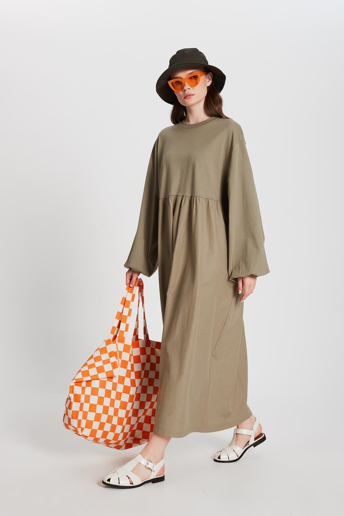 Haki Üstü Penye Altı Dokuma Oversize Uzun Kollu Uzun Elbise 28169