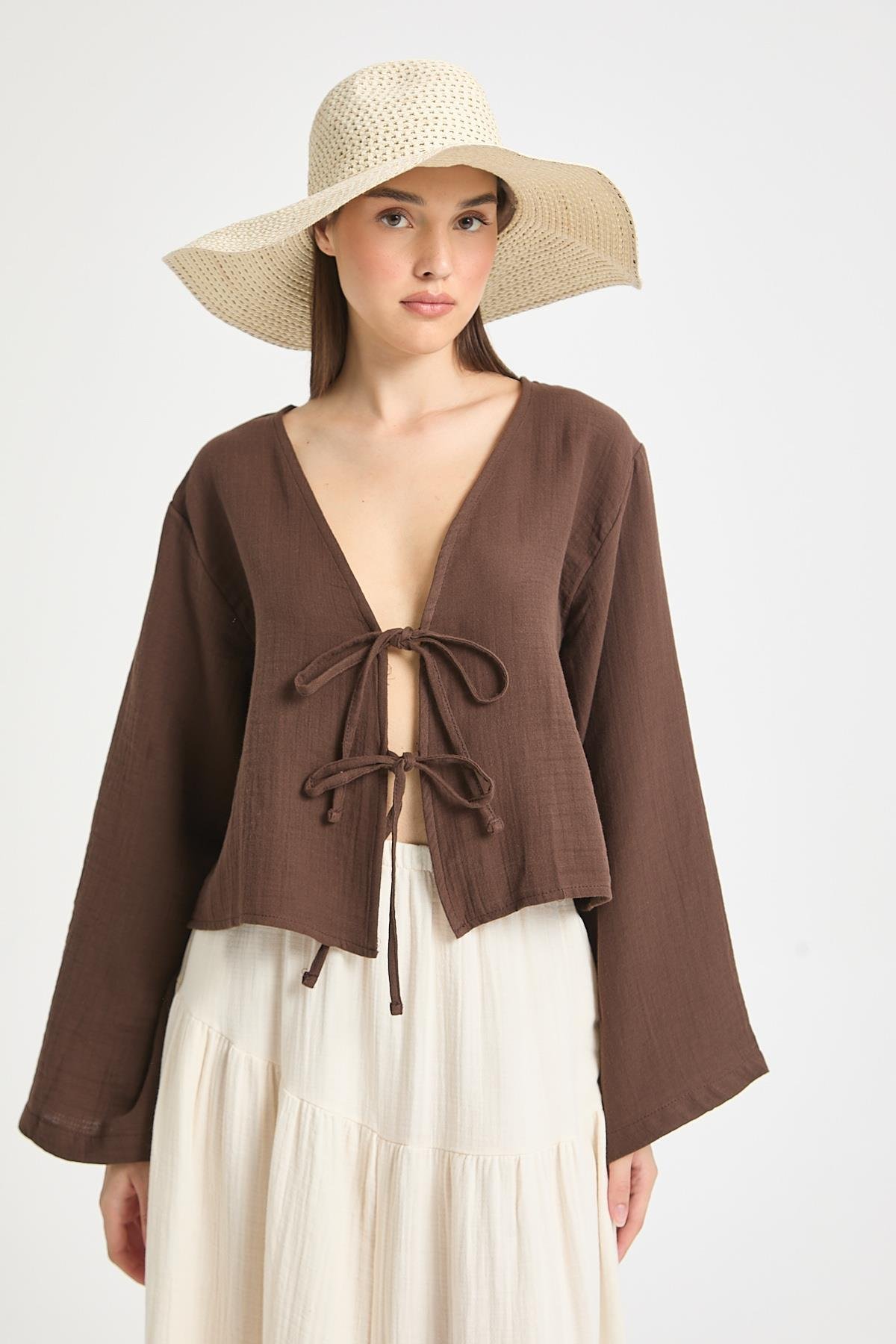 Hardy Bağlamalı Müslin Bluz Kahve