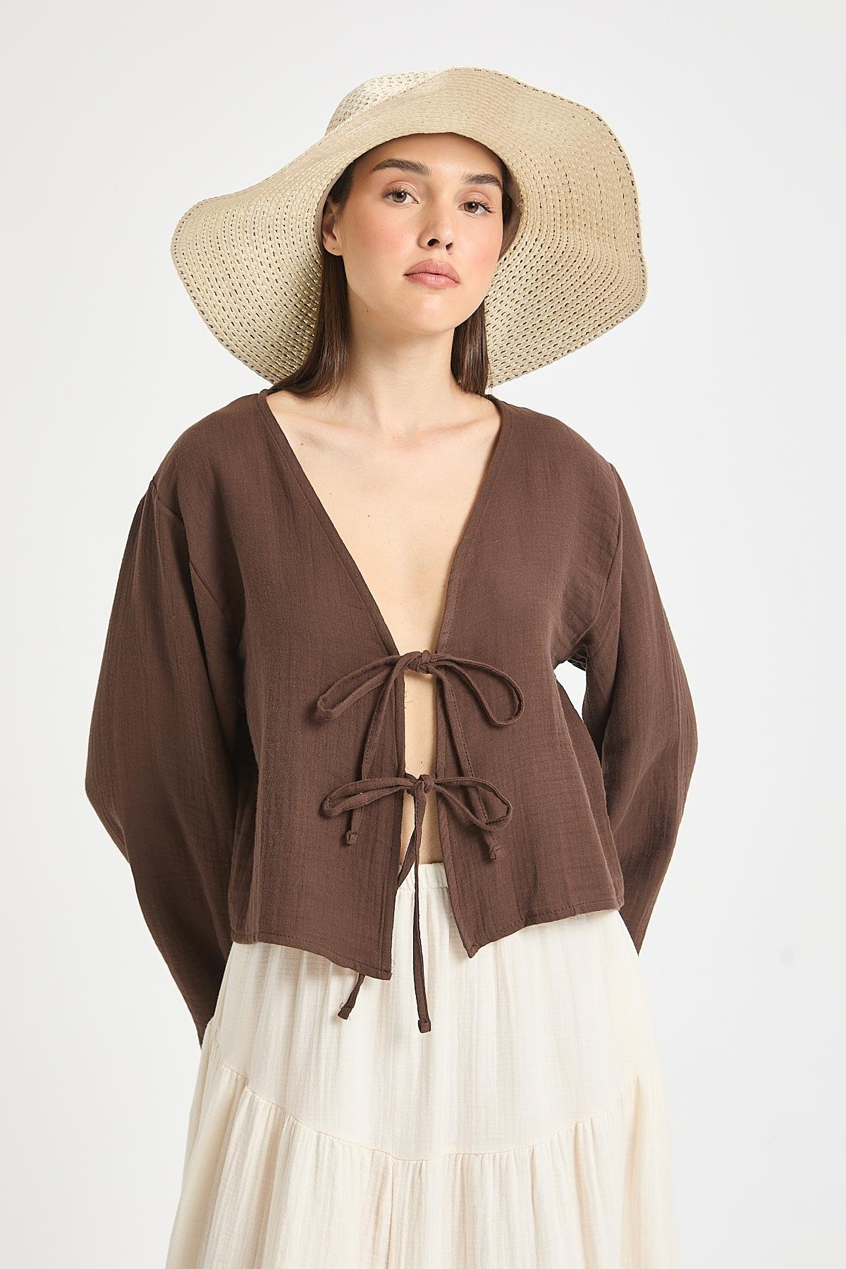 Hardy Bağlamalı Müslin Bluz Kahve