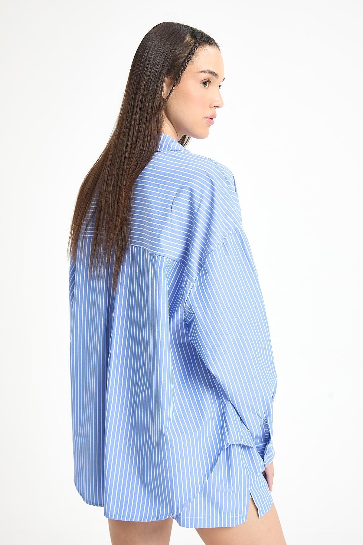 Henri Çizgili Gömlek/Şort Takım Mavi