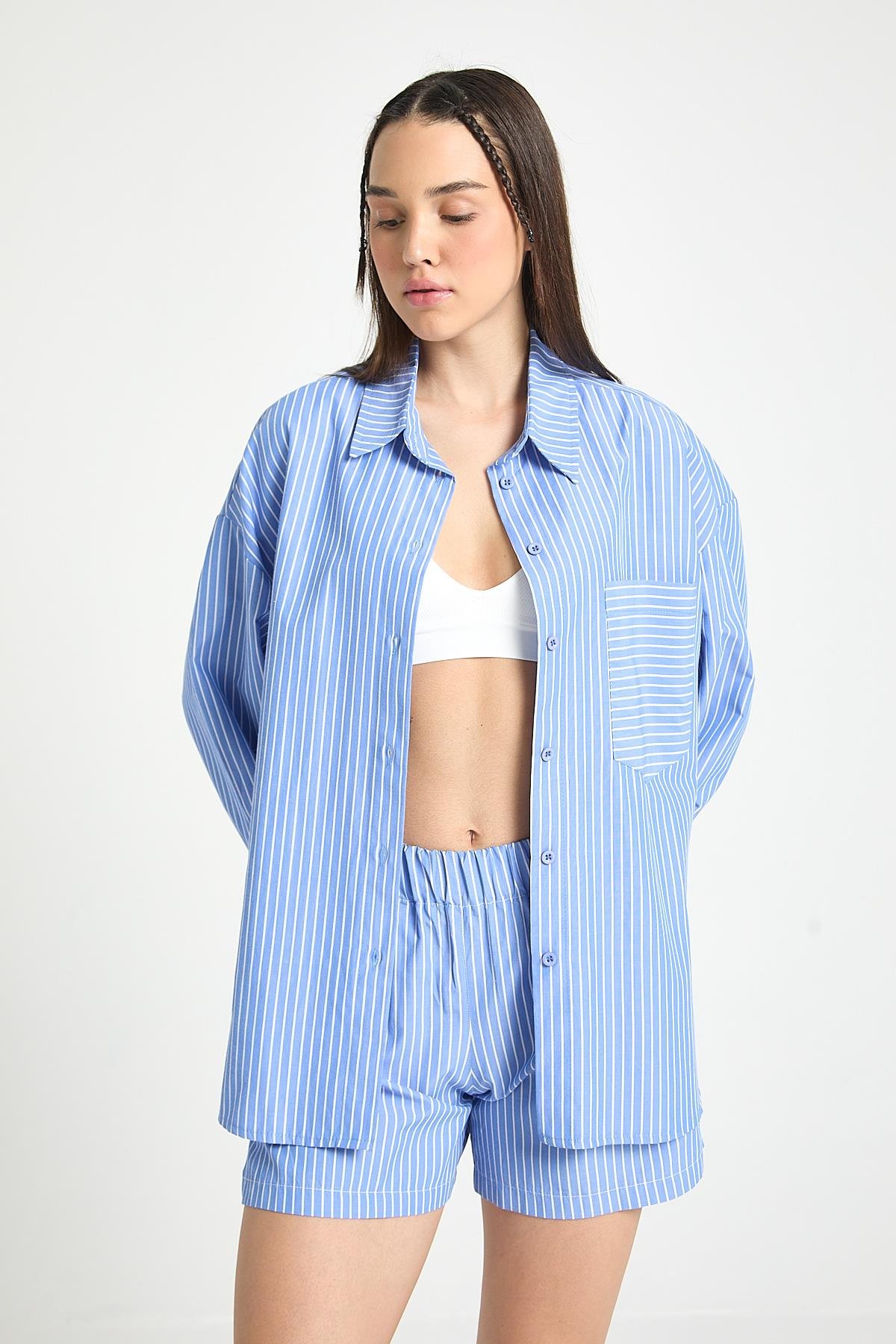 Henri Çizgili Gömlek/Şort Takım Mavi