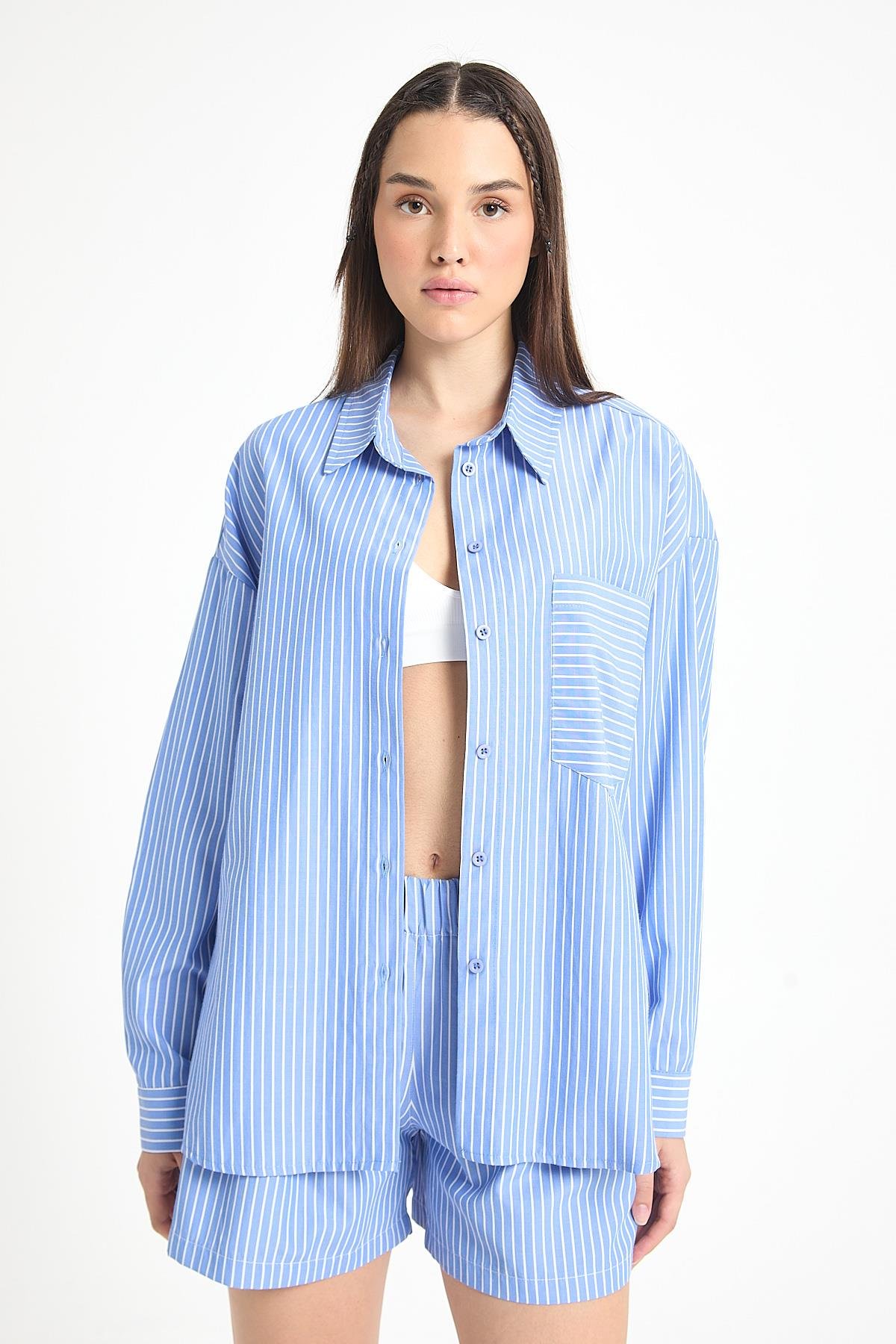 Henri Çizgili Gömlek/Şort Takım Mavi