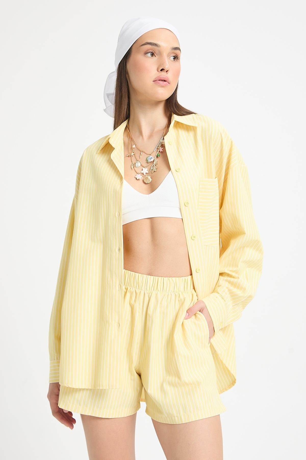 Henri Çizgili Gömlek/Şort Takım Sarı