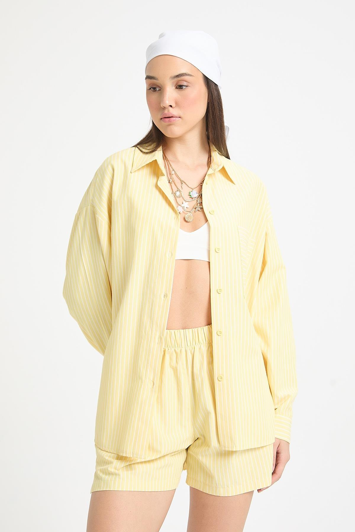 Henri Çizgili Gömlek/Şort Takım Sarı