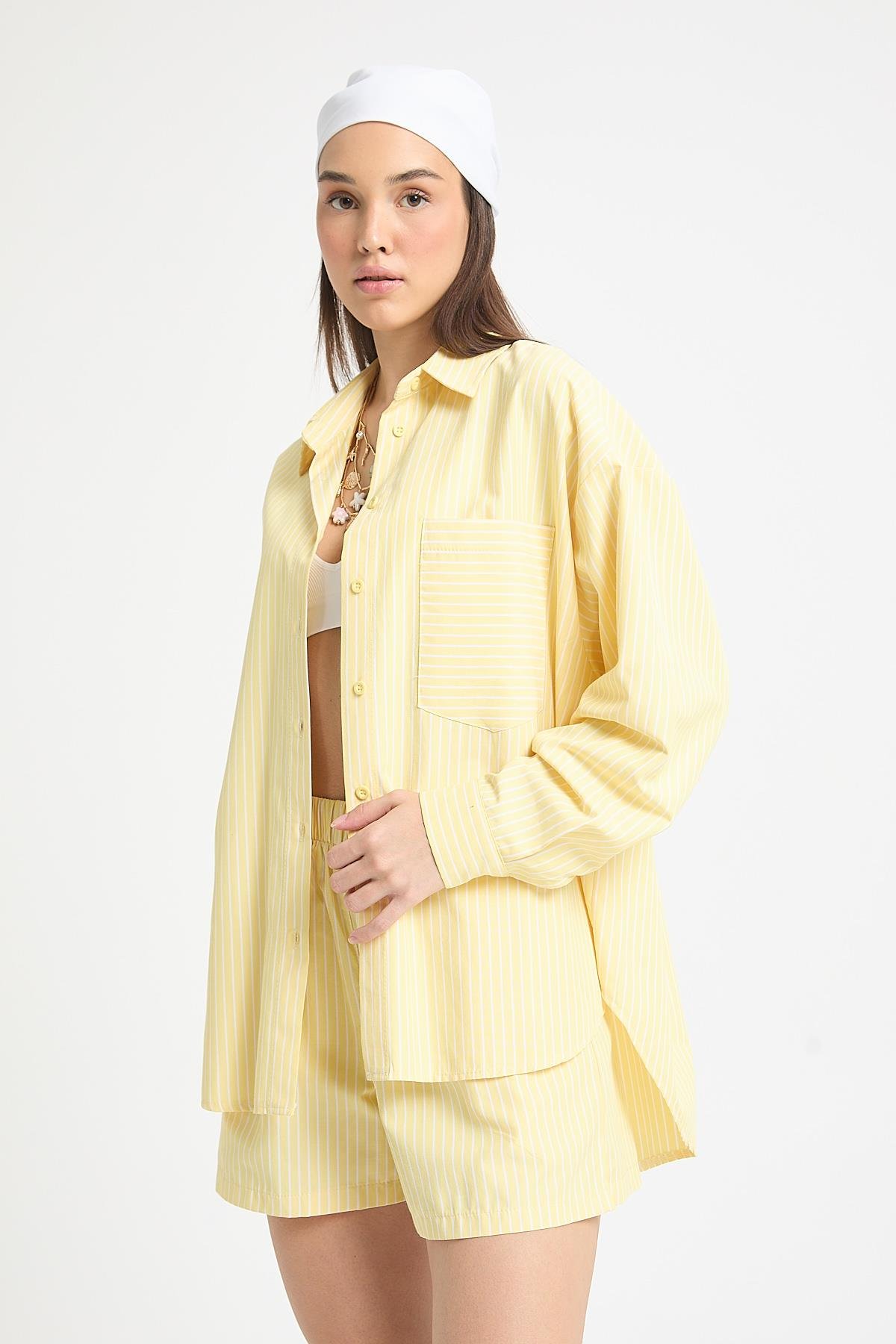 Henri Çizgili Gömlek/Şort Takım Sarı