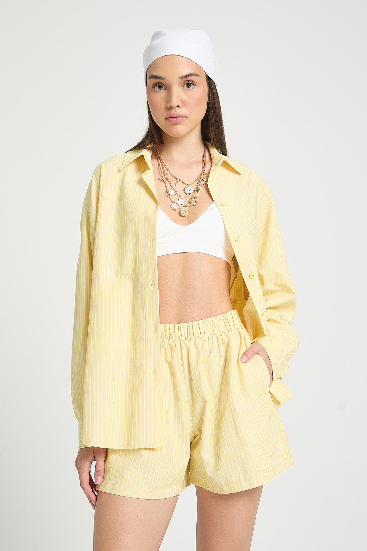 Henri Çizgili Gömlek/Şort Takım Sarı