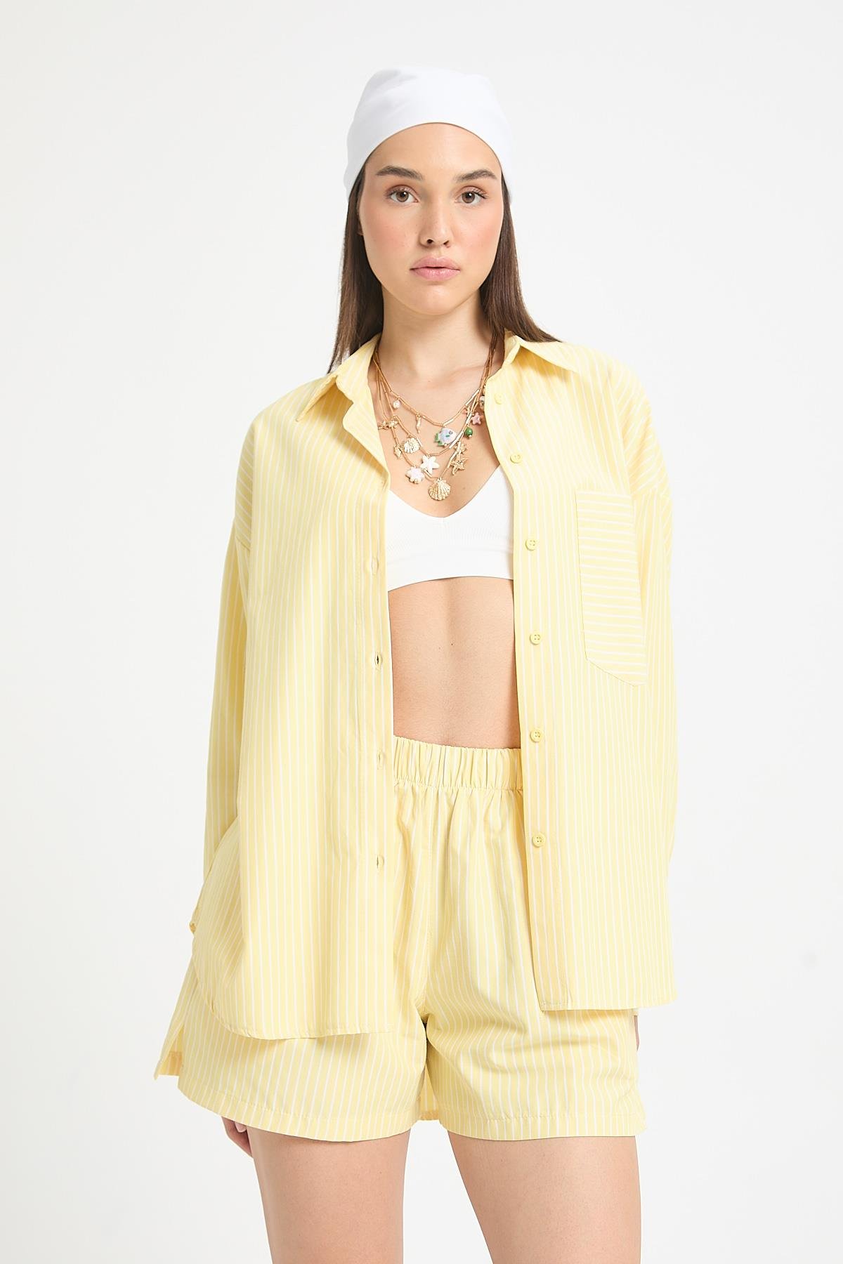 Henri Çizgili Gömlek/Şort Takım Sarı