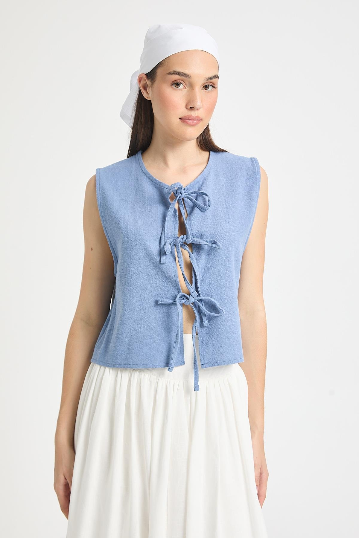 İndigo Bağcıklı Kısa %100 Pamuk Yelek 29204