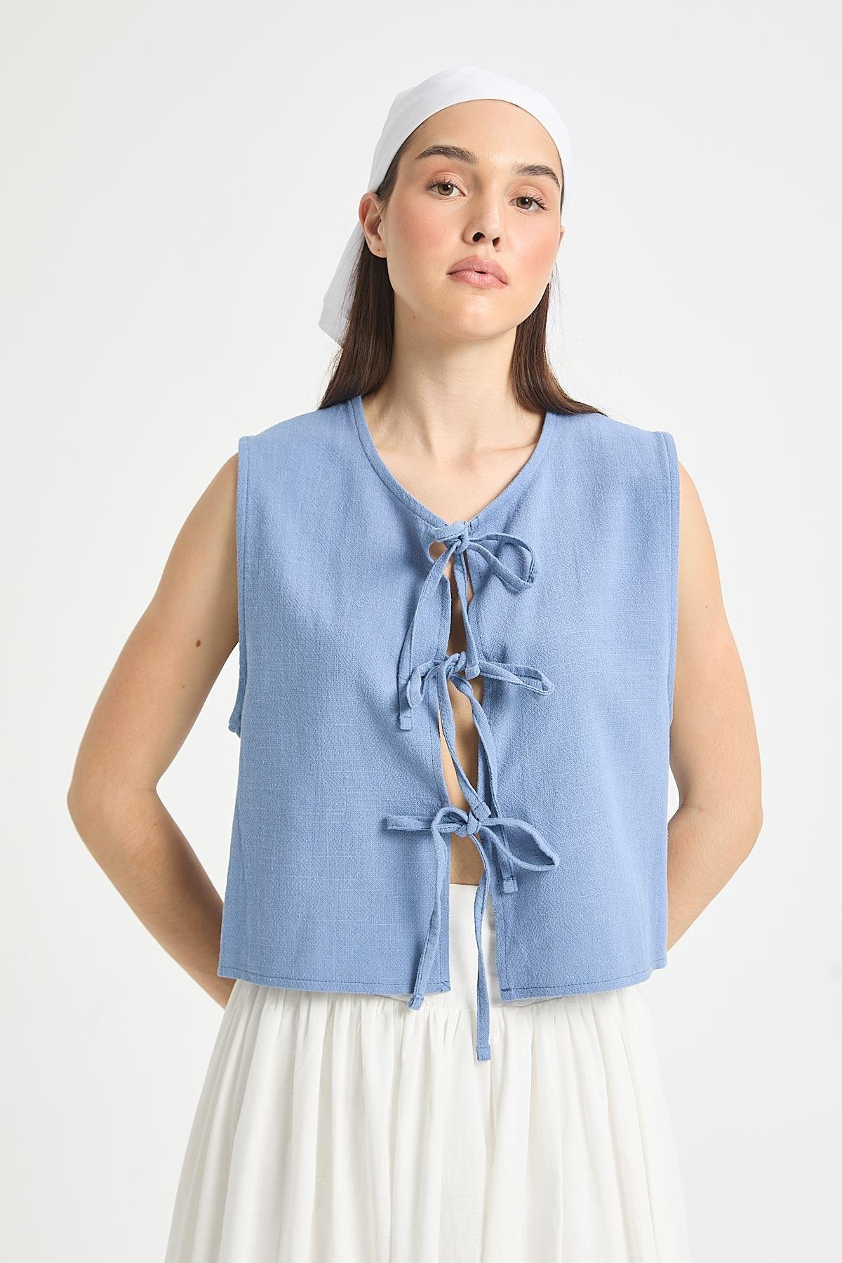 İndigo Bağcıklı Kısa %100 Pamuk Yelek 29204