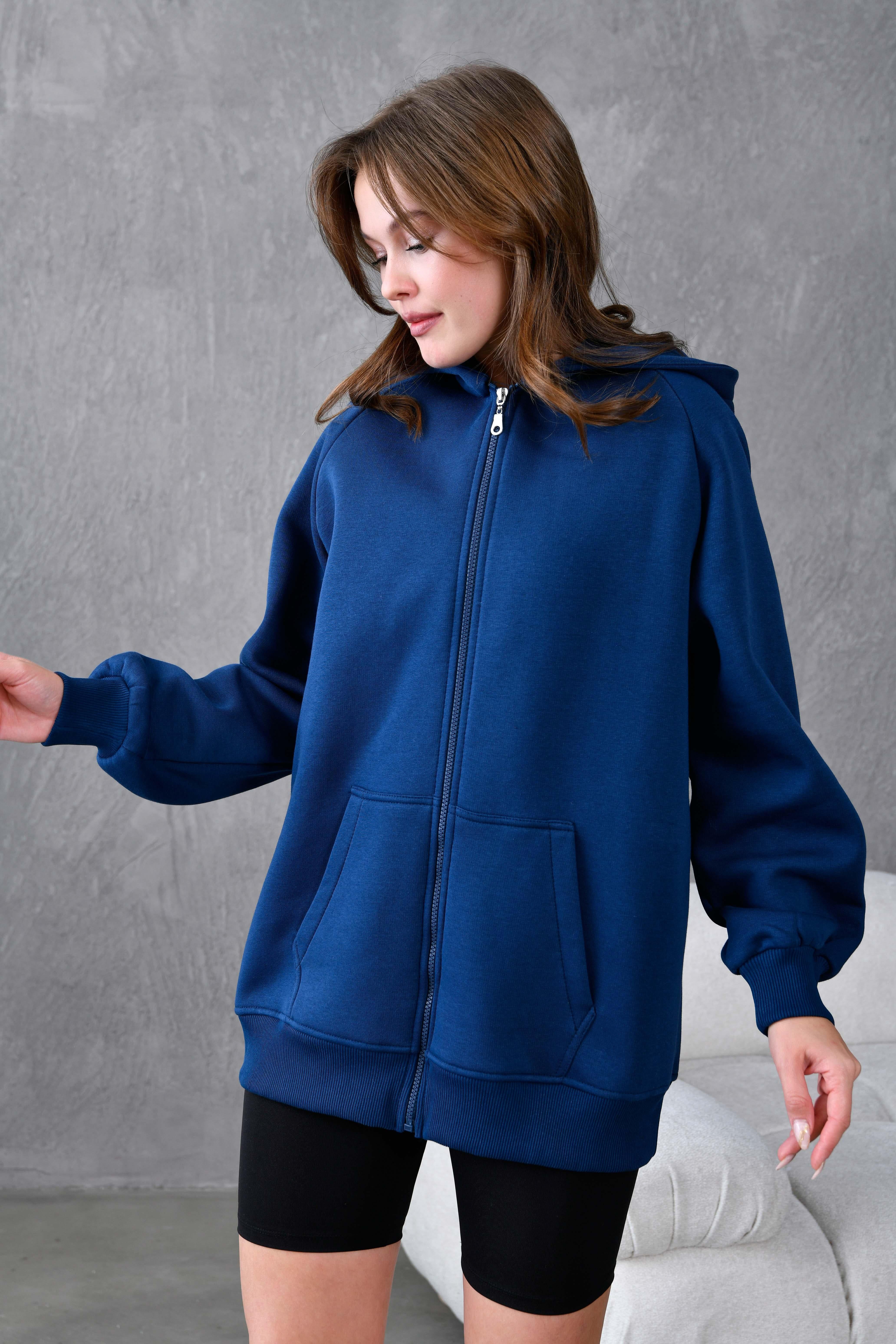 İndigo Fermuarlı Kapüşonlu Unisex Şardonlu Oversize Sweatshirt 28217