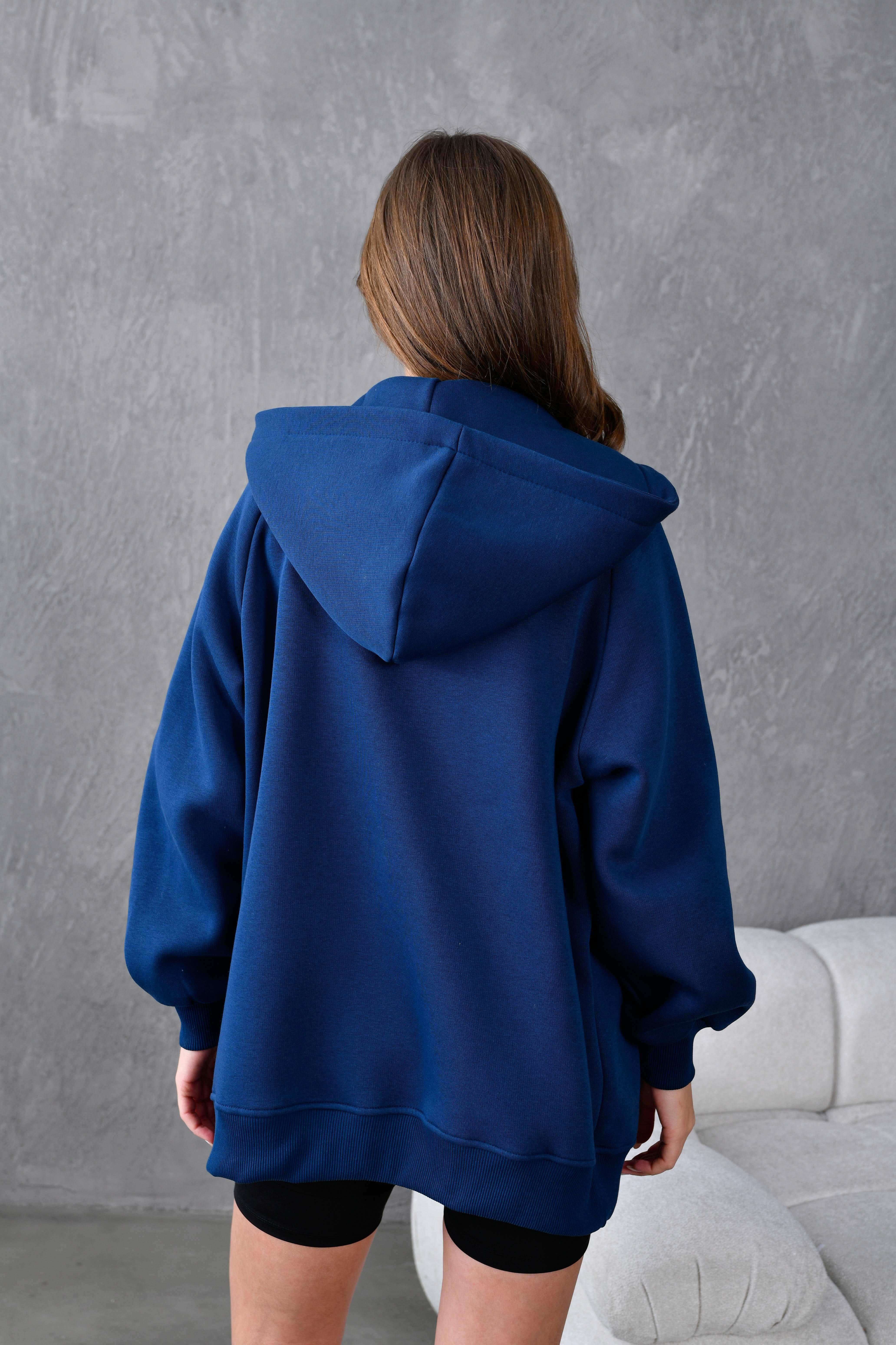 İndigo Fermuarlı Kapüşonlu Unisex Şardonlu Oversize Sweatshirt 28217