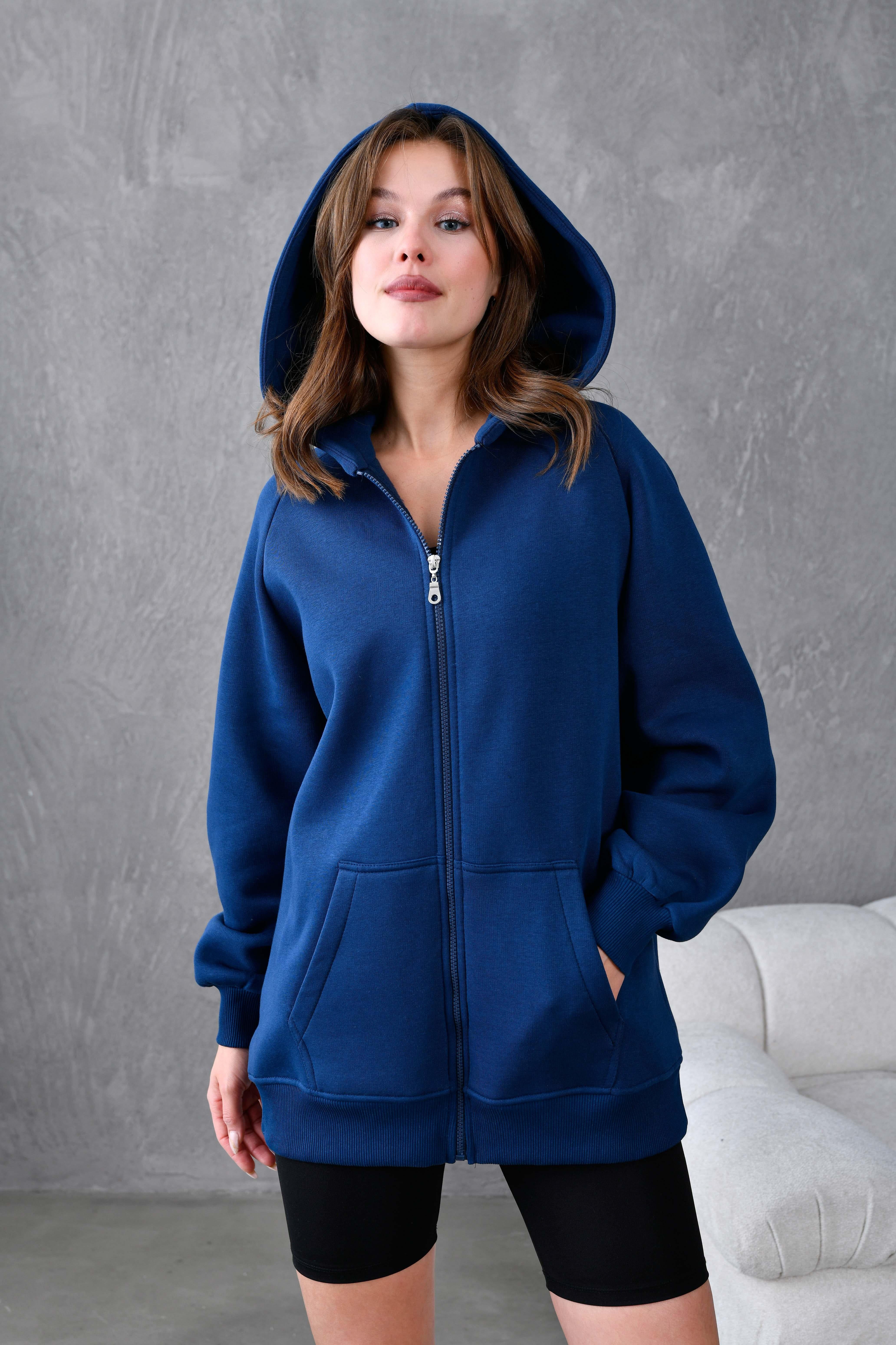 İndigo Fermuarlı Kapüşonlu Unisex Şardonlu Oversize Sweatshirt 28217