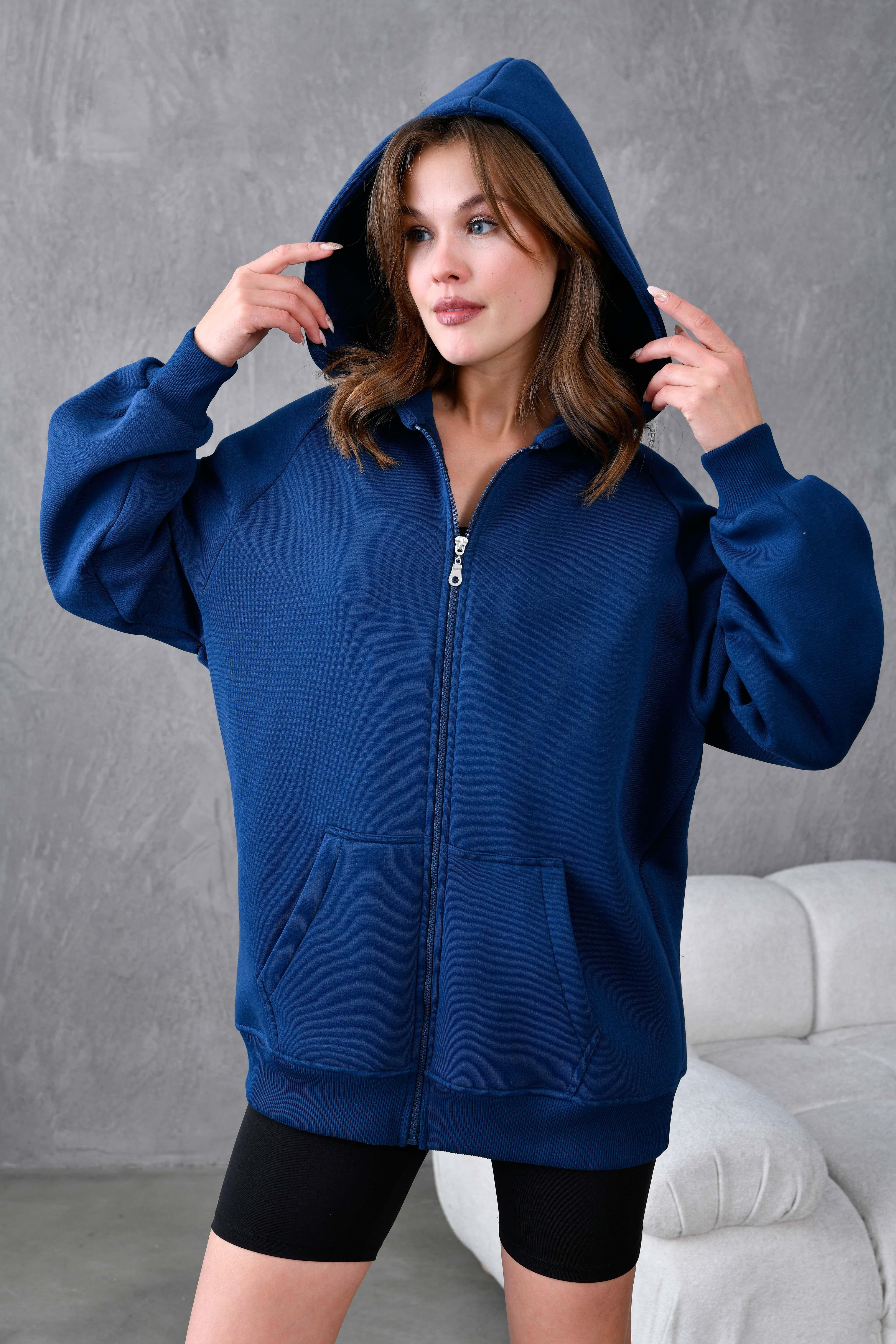 İndigo Fermuarlı Kapüşonlu Unisex Şardonlu Oversize Sweatshirt 28217