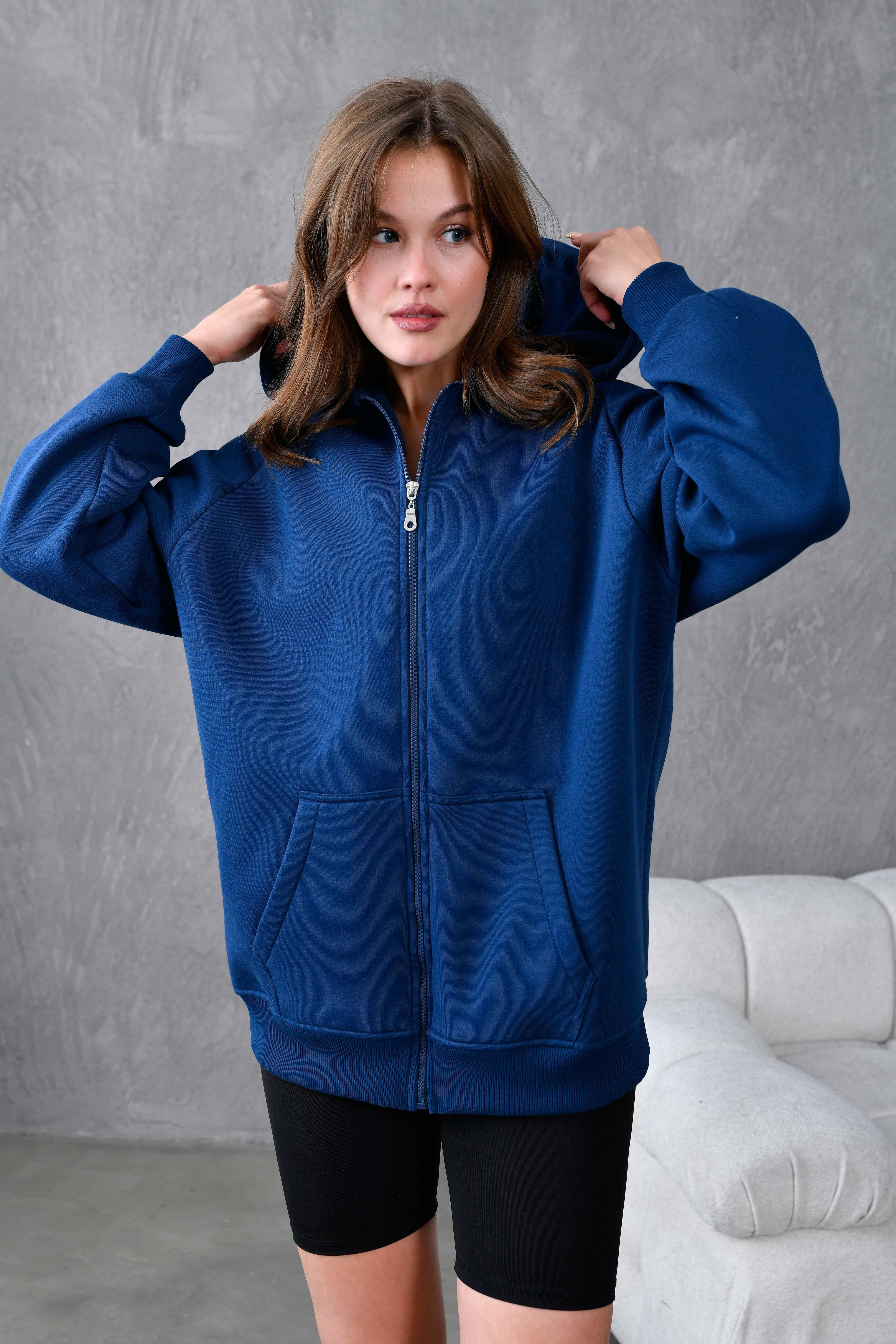 İndigo Fermuarlı Kapüşonlu Unisex Şardonlu Oversize Sweatshirt 28217