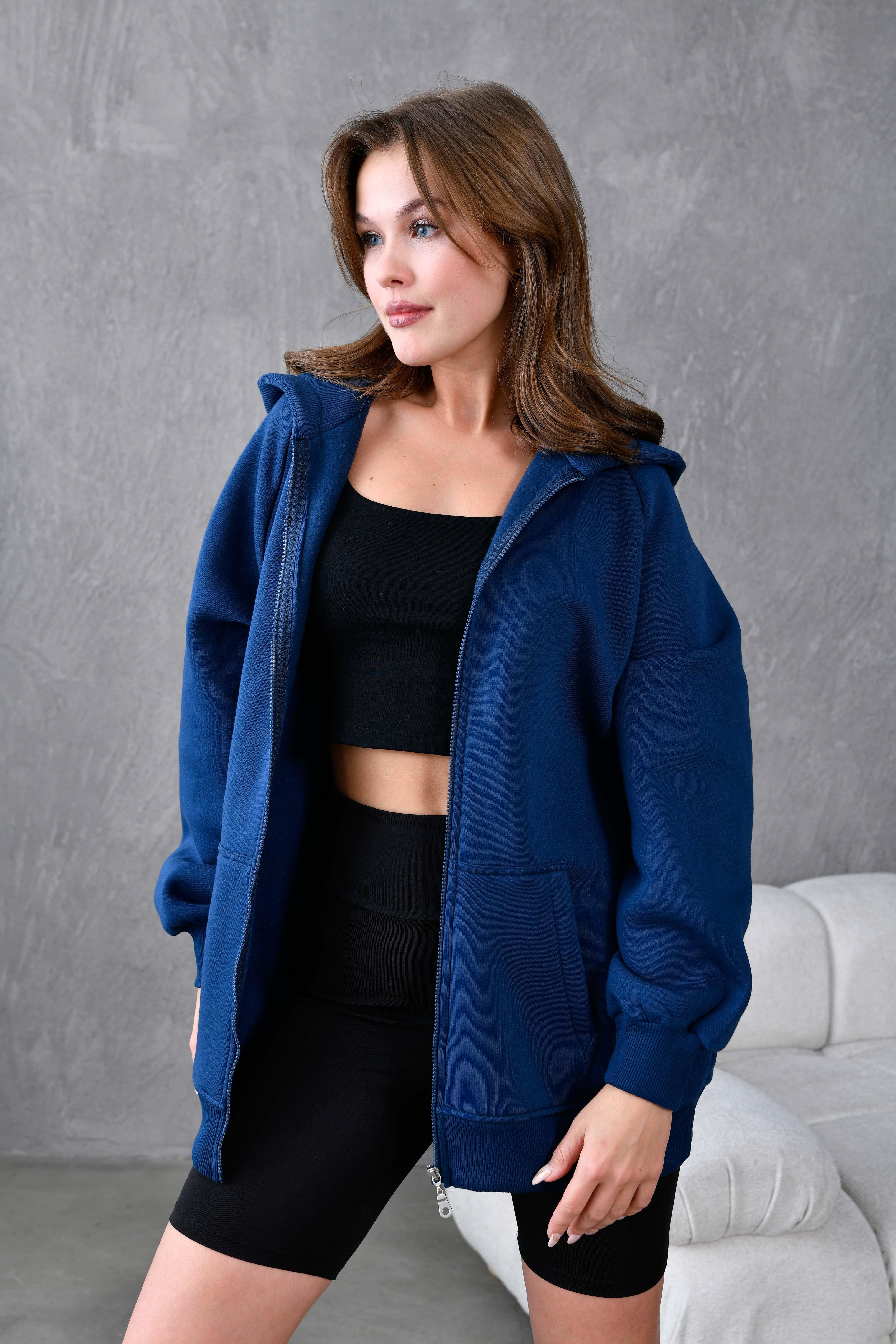 İndigo Fermuarlı Kapüşonlu Unisex Şardonlu Oversize Sweatshirt 28217
