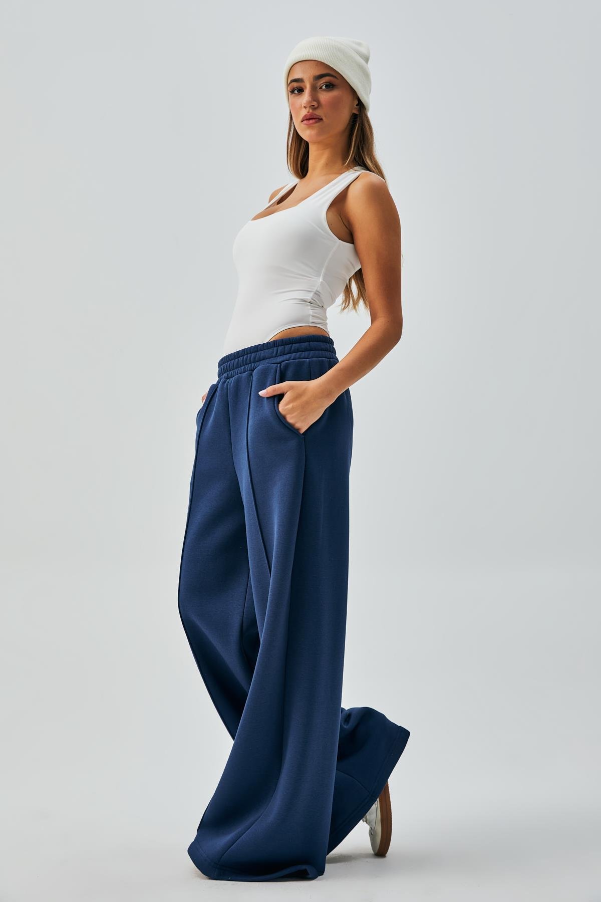 İndigo Geniş Kesim Beli Lastikli Şardonlu Eşortman Altı 