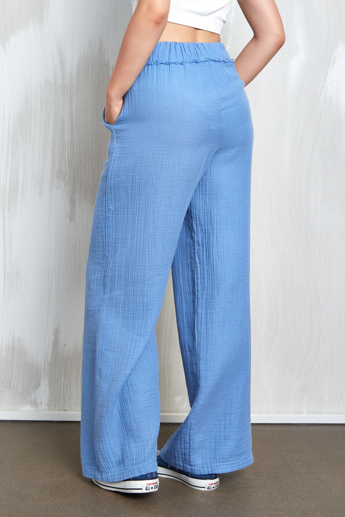 İndigo Müslin Kumaş Beli Lastikli Bol Kesim Pantolon 27352
