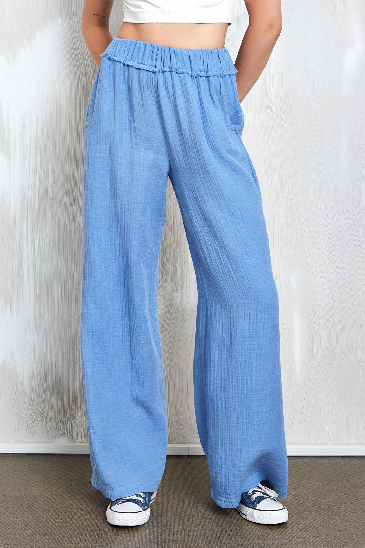 İndigo Müslin Kumaş Beli Lastikli Bol Kesim Pantolon 27352