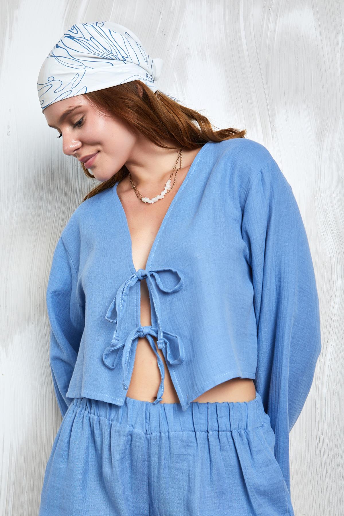 İndigo Müslin Kumaş Önden Bağlamalı Bluz 27355