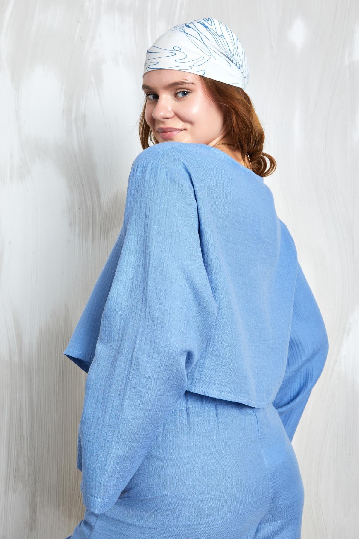 İndigo Müslin Kumaş Önden Bağlamalı Bluz 27355