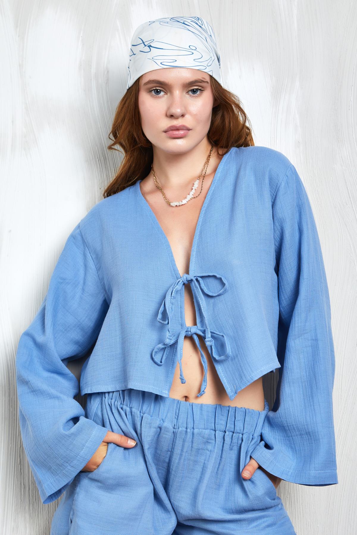 İndigo Müslin Kumaş Önden Bağlamalı Bluz 27355