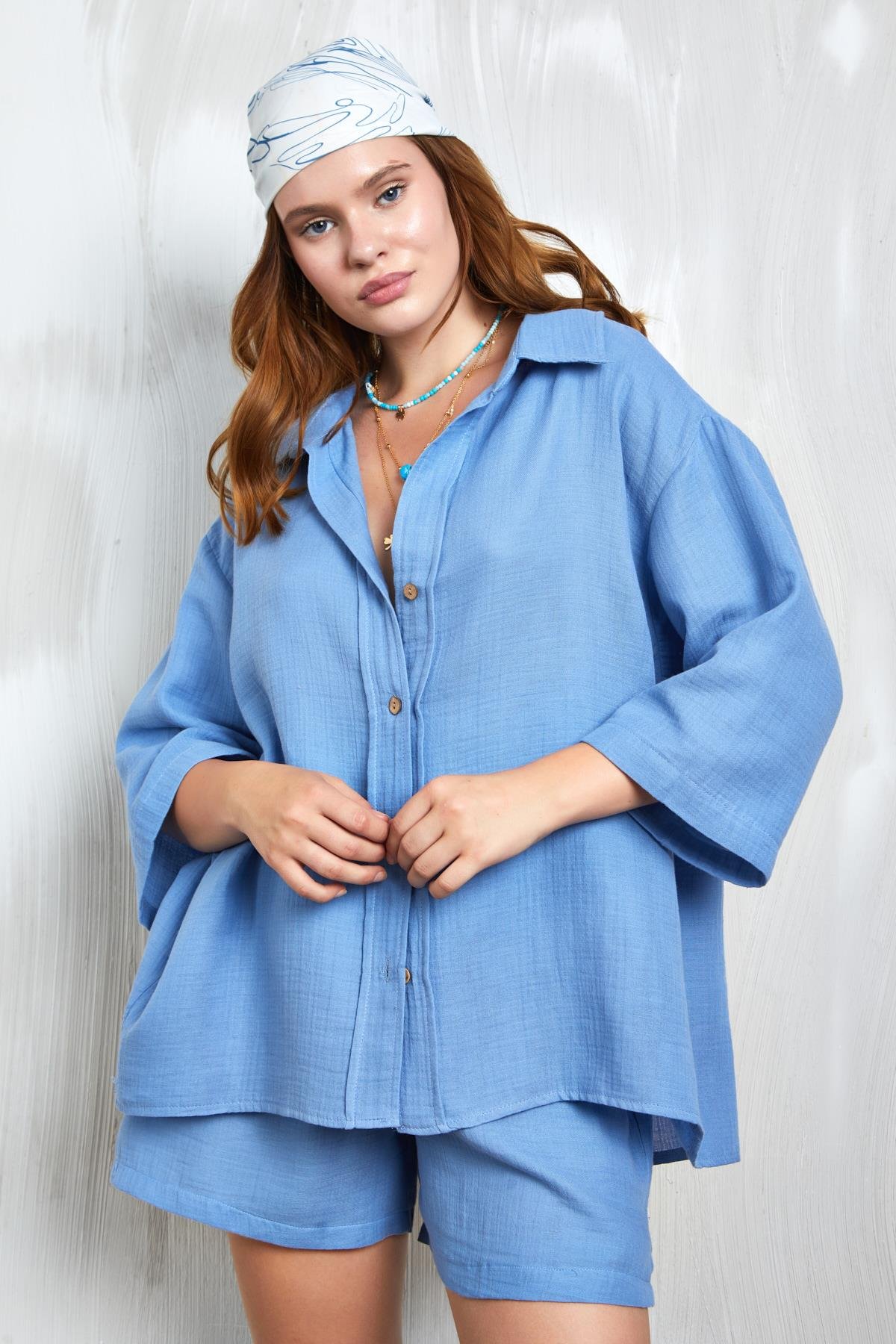 İndigo Müslin Kumaş Oversize Fakir Kol Gömlek 27349