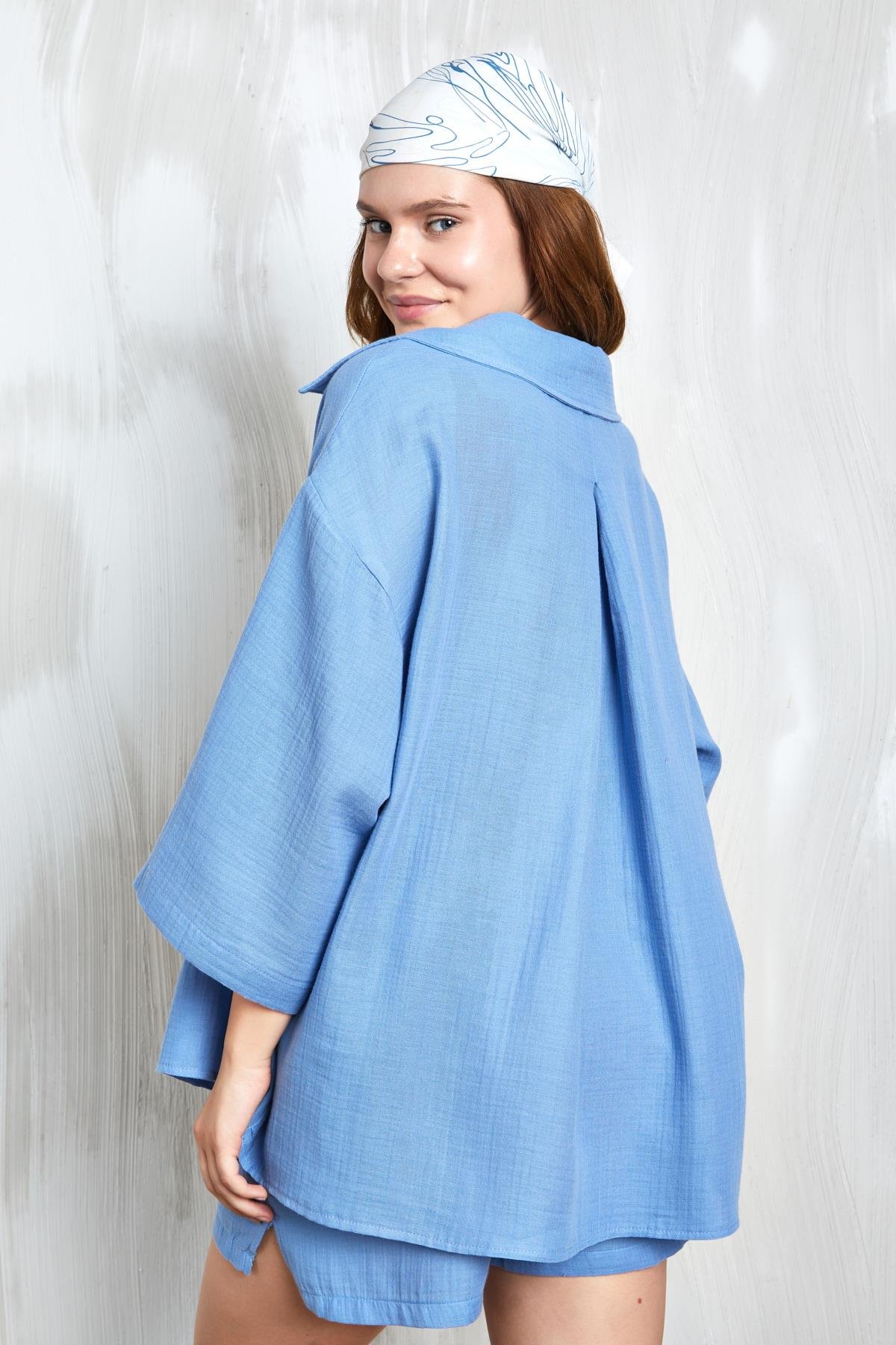 İndigo Müslin Kumaş Oversize Fakir Kol Gömlek 27349